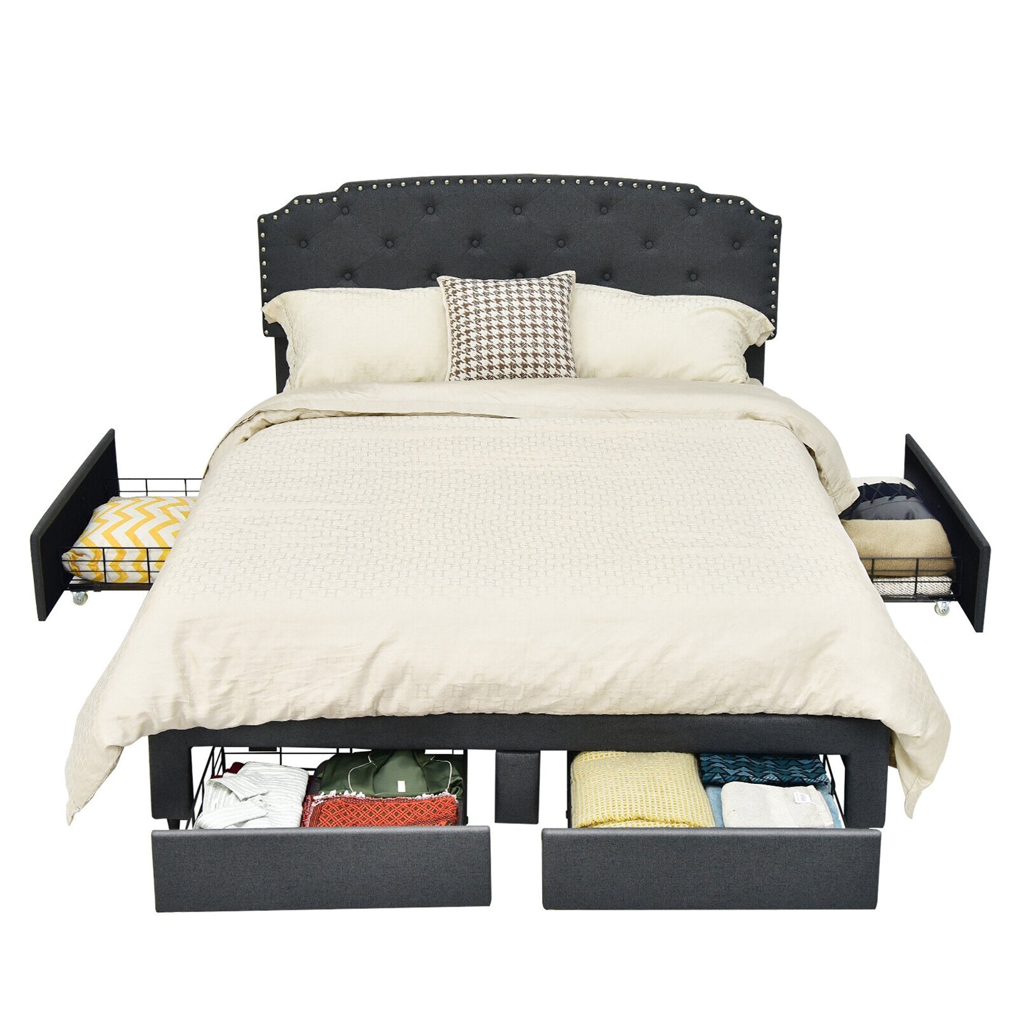 Platform Bed Frame with 4 Storage Drawers Adjustable Headboard-Queen Size, Gray Simple Bed Frame   at Gallery Canada