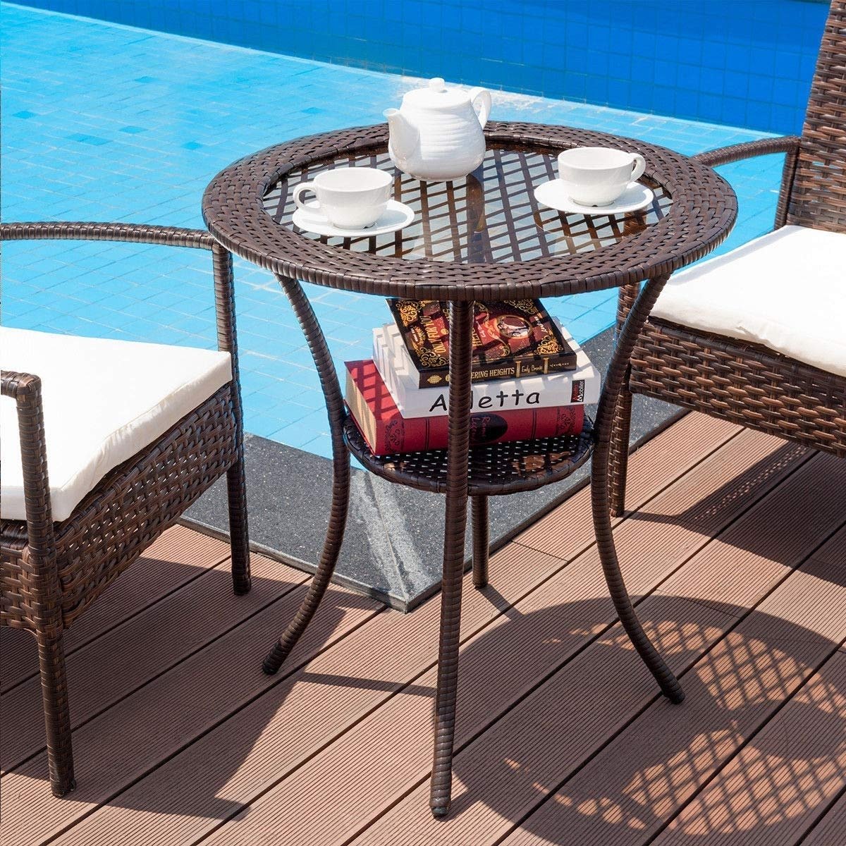 Round Rattan Wicker Coffee Table with Lower Shelf, Brown Patio Dining Tables   at Gallery Canada