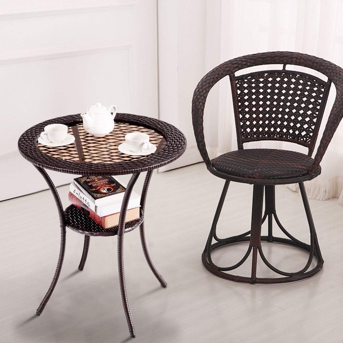 Round Rattan Wicker Coffee Table with Lower Shelf, Brown - Gallery Canada