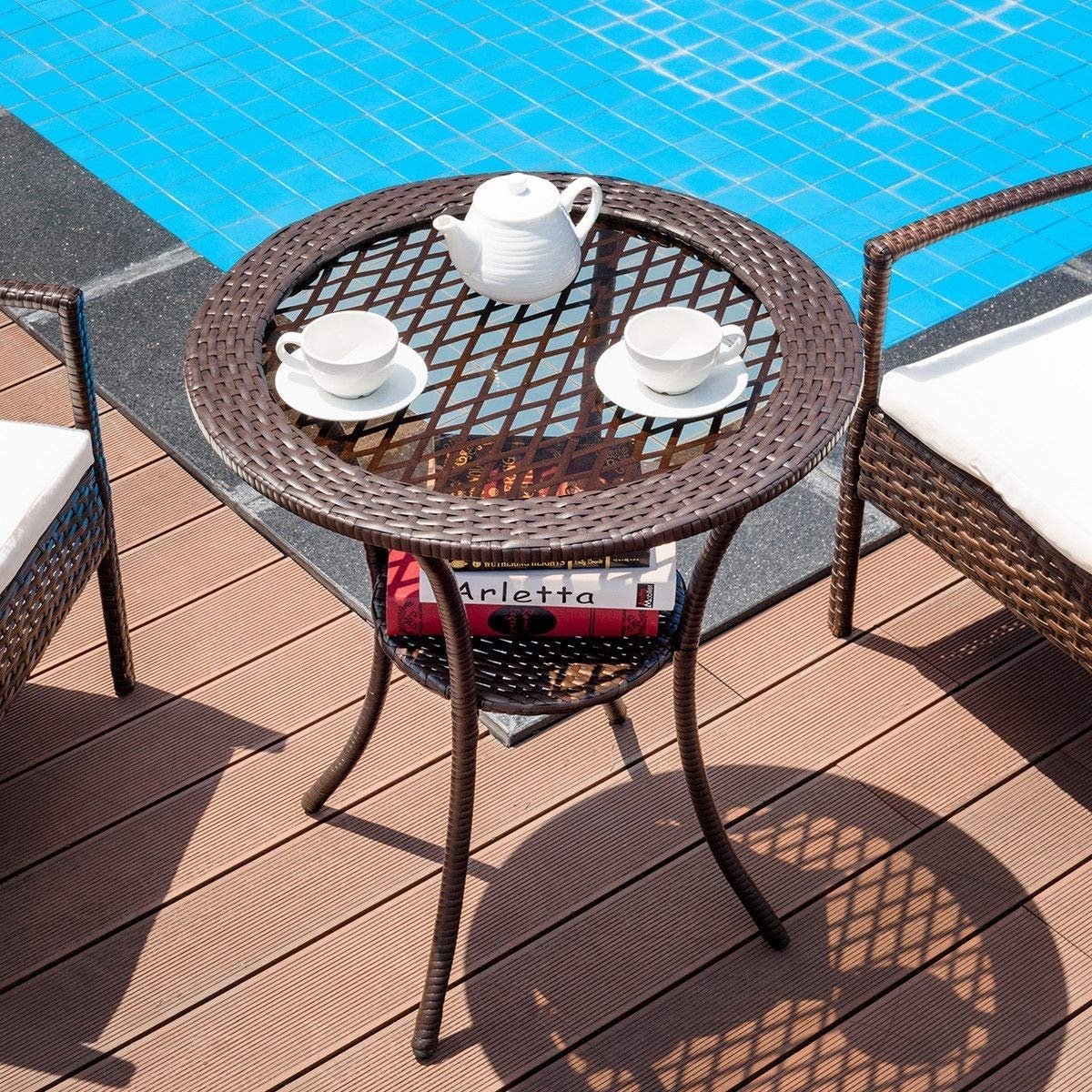 Round Rattan Wicker Coffee Table with Lower Shelf, Brown - Gallery Canada