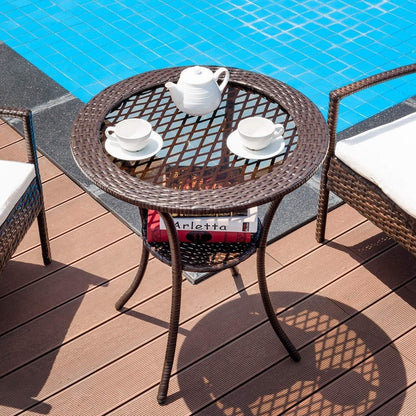 Round Rattan Wicker Coffee Table with Lower Shelf, Brown - Gallery Canada