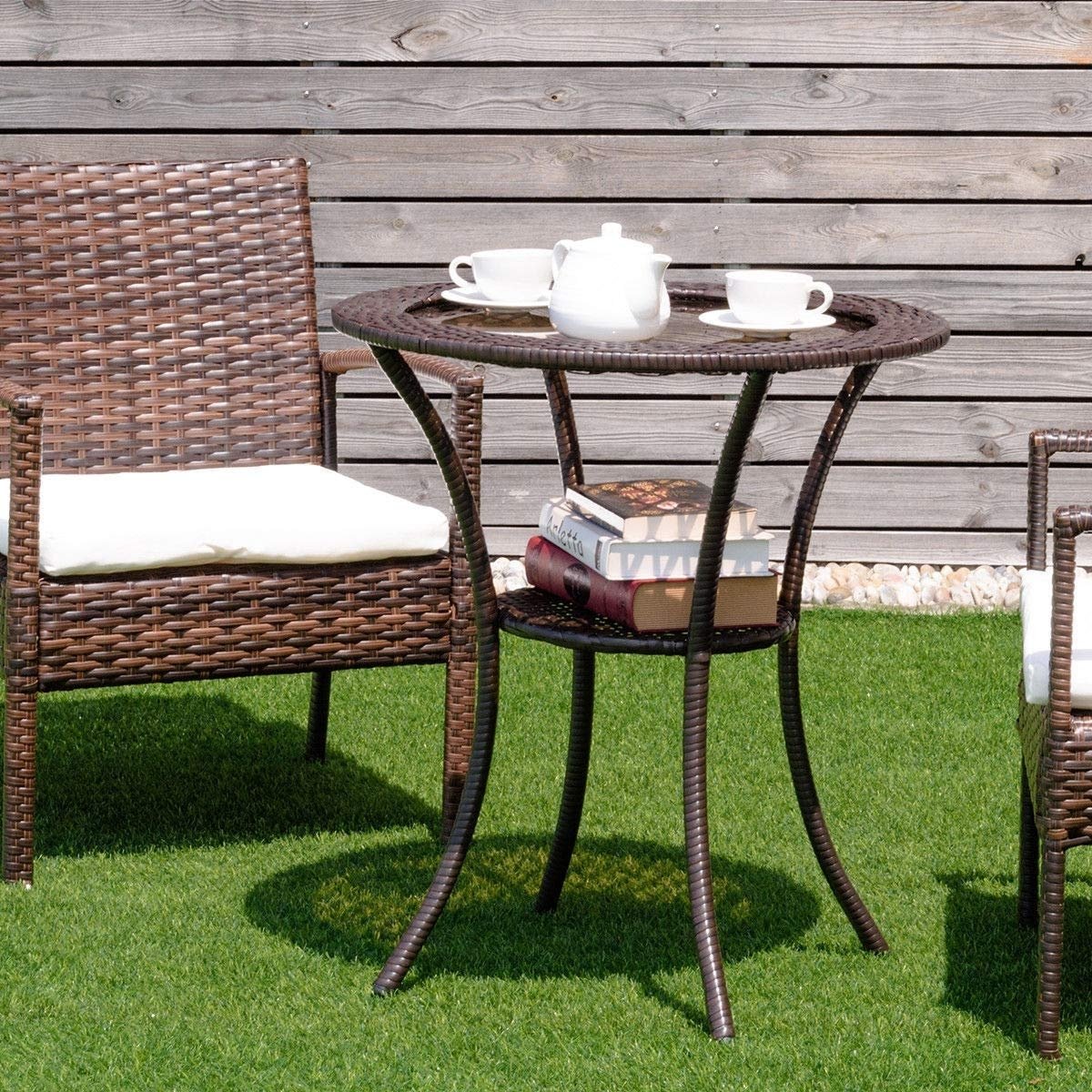 Round Rattan Wicker Coffee Table with Lower Shelf, Brown Patio Dining Tables   at Gallery Canada