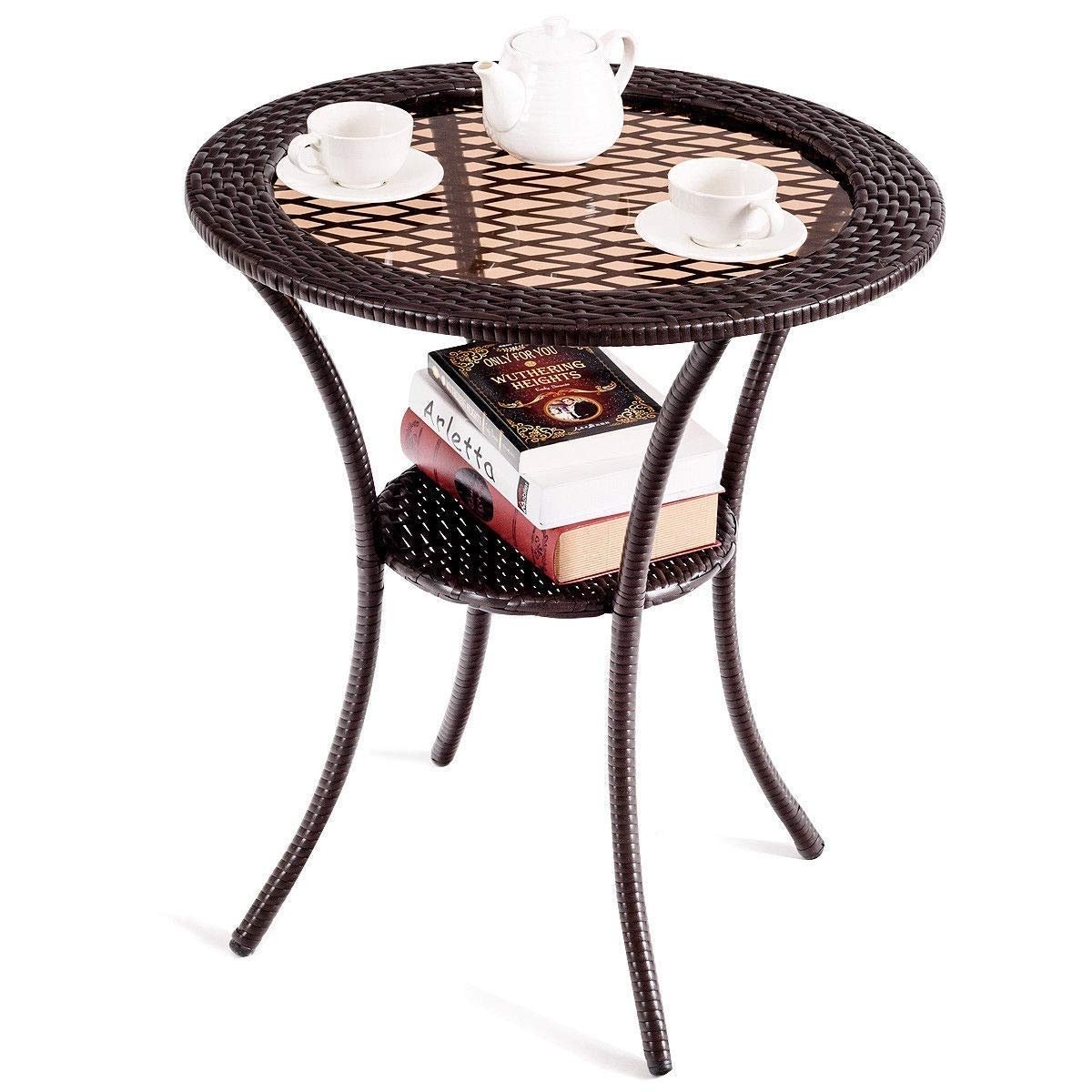 Round Rattan Wicker Coffee Table with Lower Shelf, Brown Patio Dining Tables   at Gallery Canada