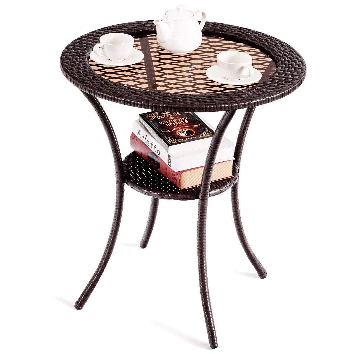 Round Rattan Wicker Coffee Table with Lower Shelf, Brown - Gallery Canada