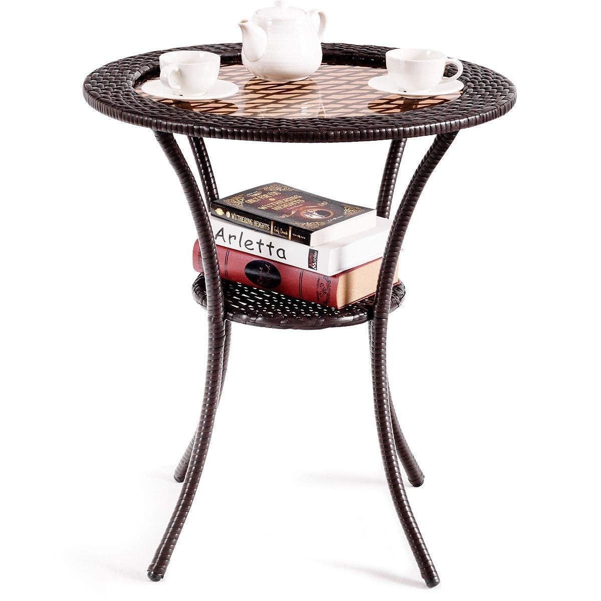Round Rattan Wicker Coffee Table with Lower Shelf, Brown - Gallery Canada