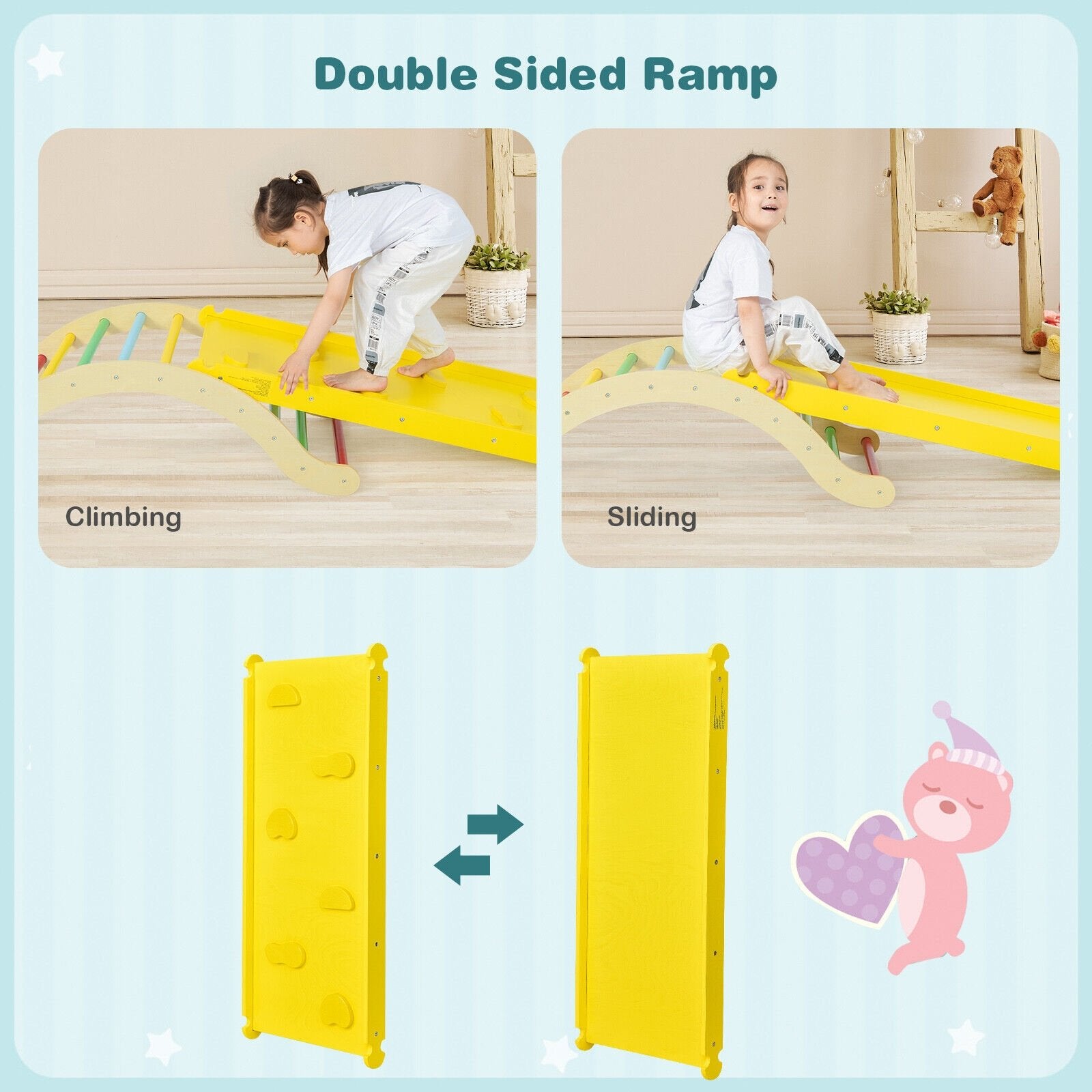 3-in-1 Kids Climber Set Wooden Arch Triangle Rocker with Ramp and Mat, Yellow Climbers & Slides   at Gallery Canada