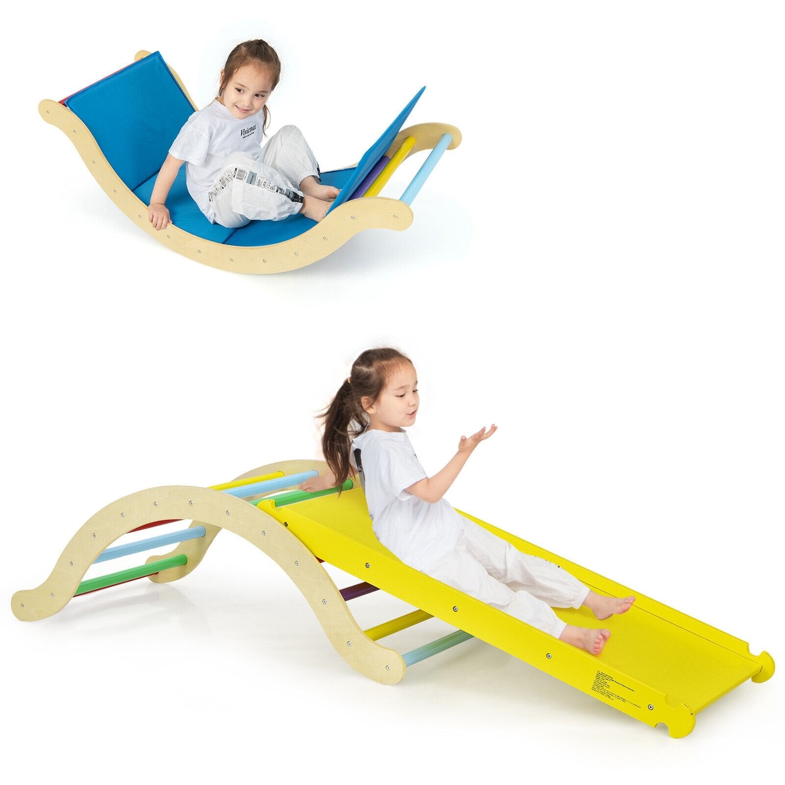 3-in-1 Kids Climber Set Wooden Arch Triangle Rocker with Ramp and Mat, Yellow Climbers & Slides   at Gallery Canada