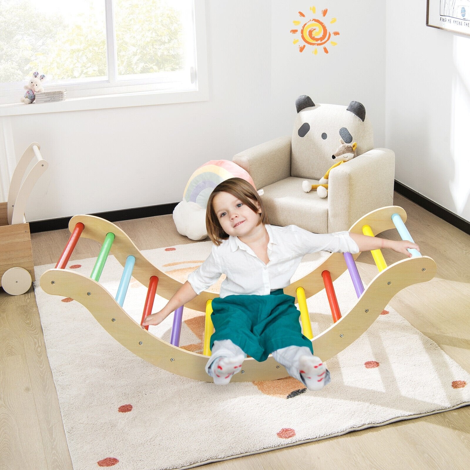 3-in-1 Kids Climber Set Wooden Arch Triangle Rocker with Ramp and Mat, Yellow Climbers & Slides   at Gallery Canada