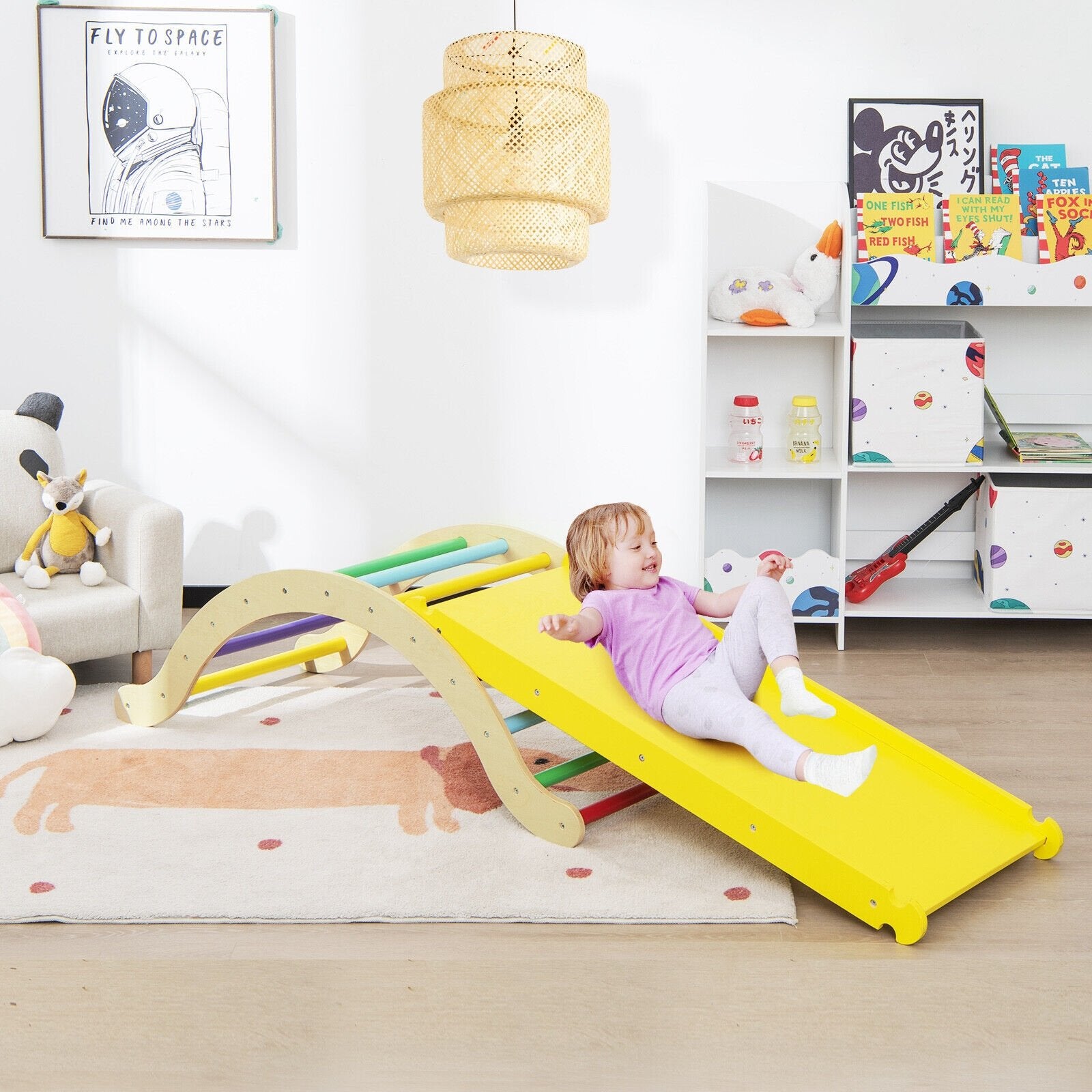 3-in-1 Kids Climber Set Wooden Arch Triangle Rocker with Ramp and Mat, Yellow Climbers & Slides   at Gallery Canada