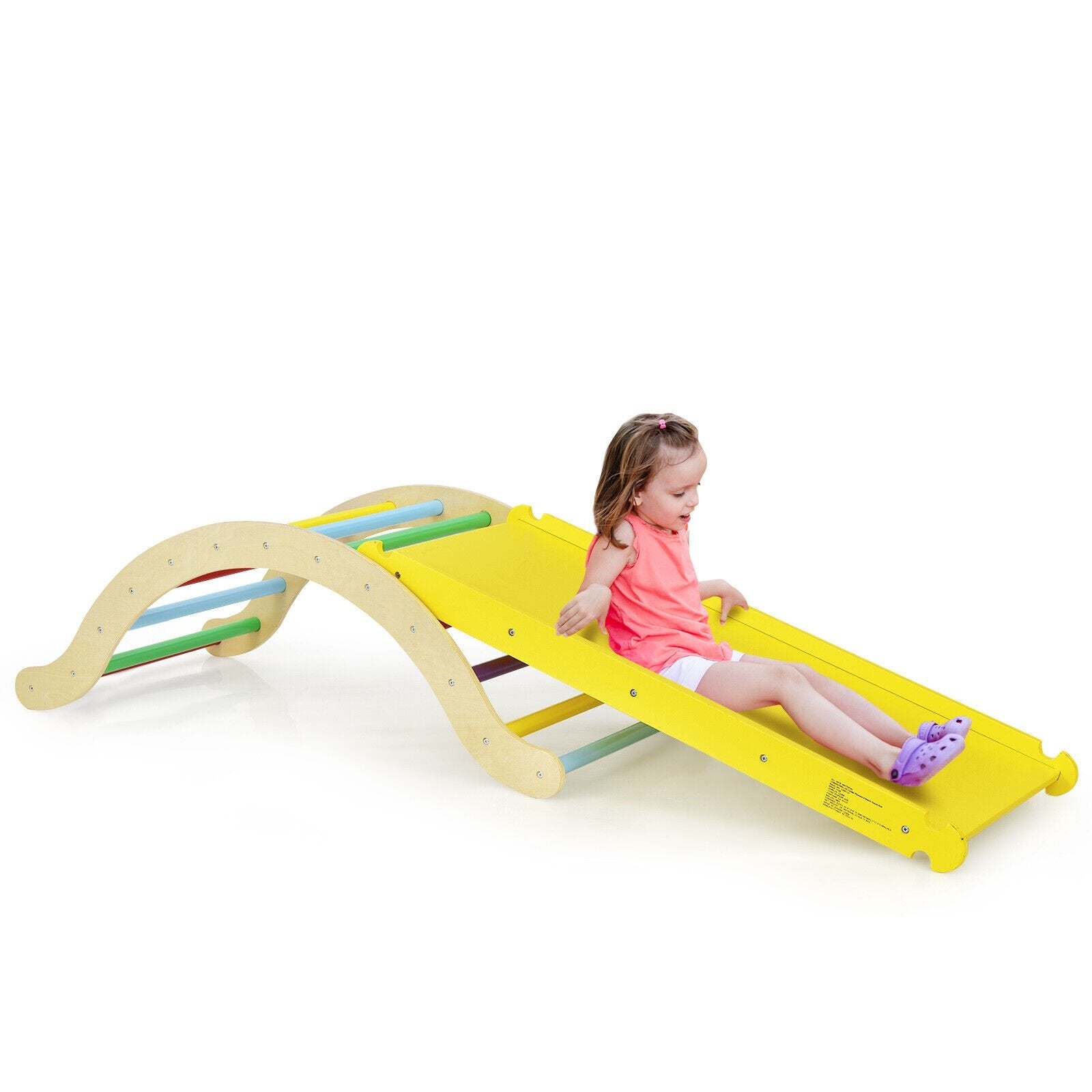 3-in-1 Kids Climber Set Wooden Arch Triangle Rocker with Ramp and Mat, Yellow Climbers & Slides   at Gallery Canada