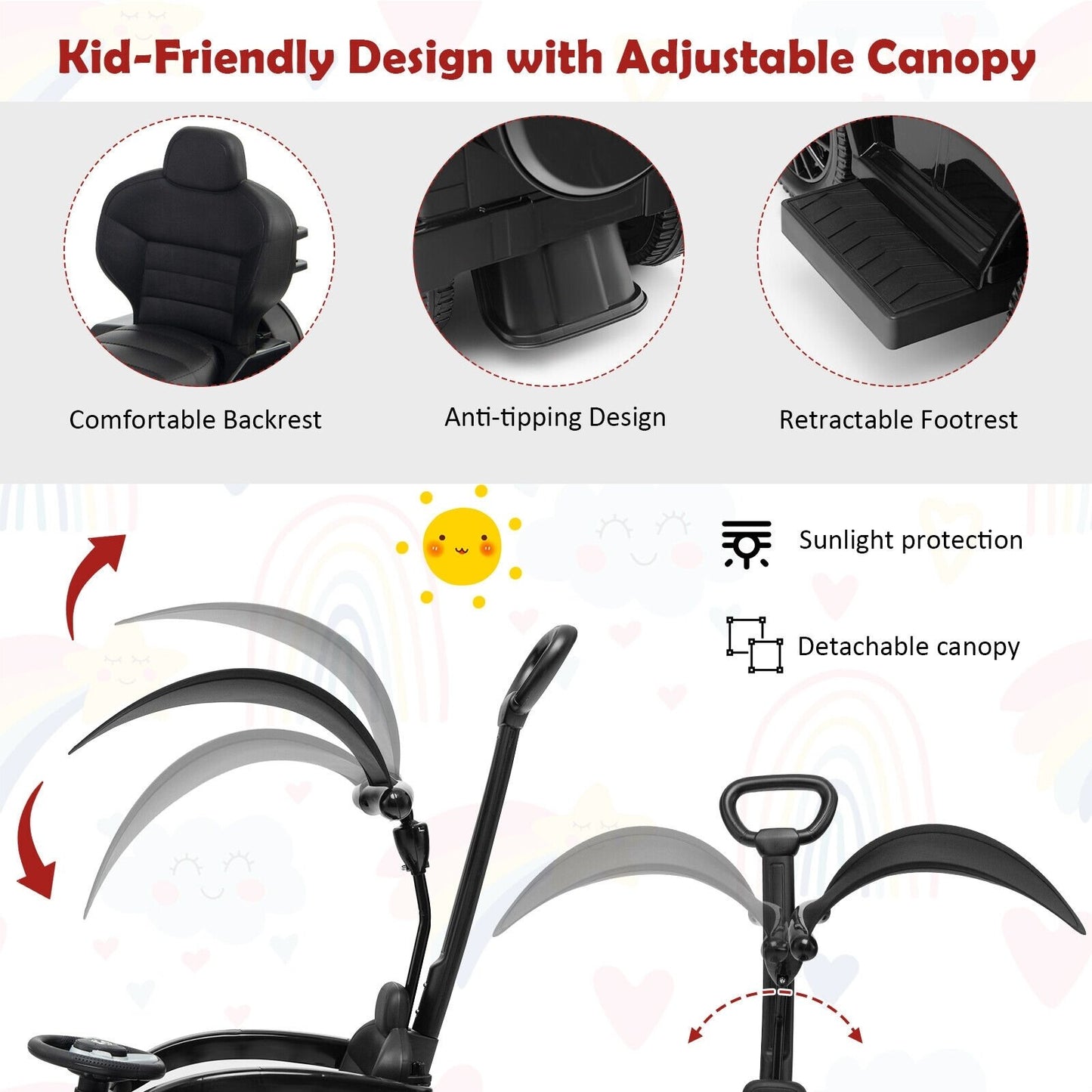 3-In-1 Ride on Push Car Mercedes Benz G350 Stroller Sliding Car with Canopy, Black - Gallery Canada