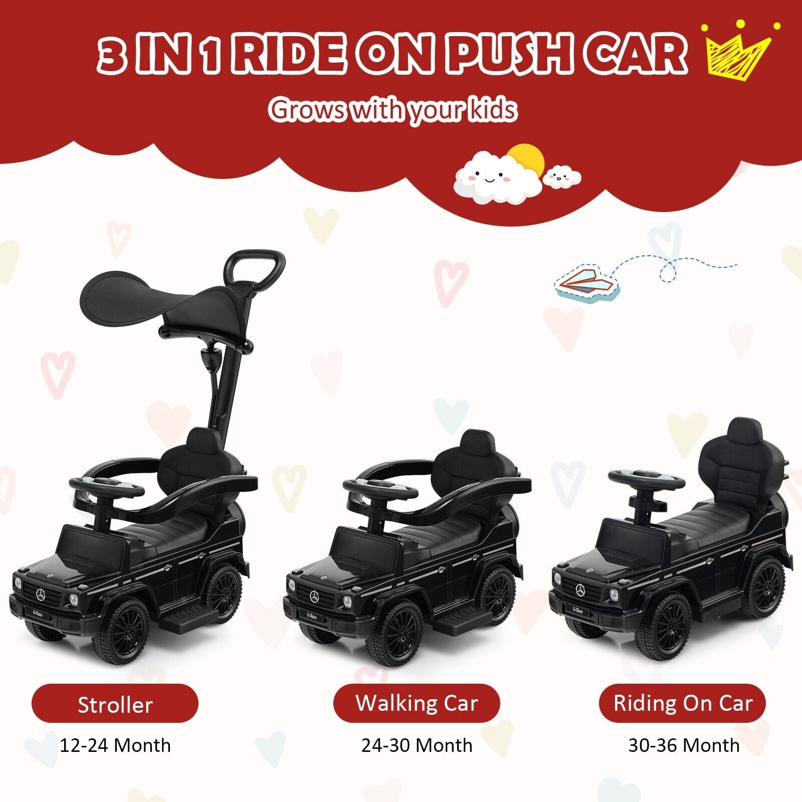 3-In-1 Ride on Push Car Mercedes Benz G350 Stroller Sliding Car with Canopy, Black Push & Pedal Ride On Toys   at Gallery Canada