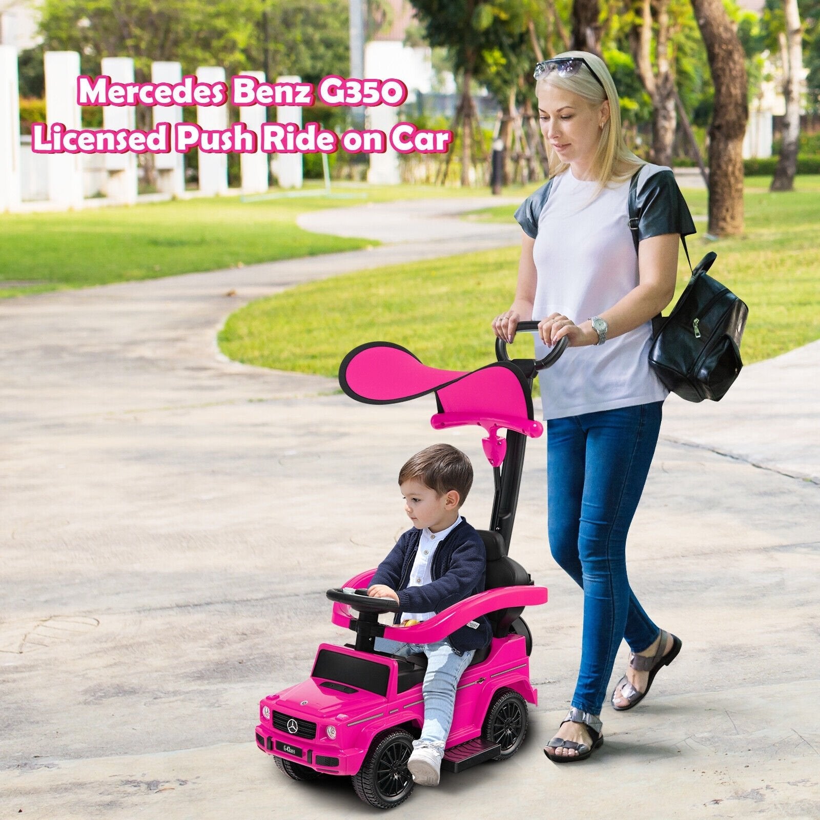 3-In-1 Ride on Push Car Mercedes Benz G350 Stroller Sliding Car with Canopy, Pink Push & Pedal Ride On Toys   at Gallery Canada