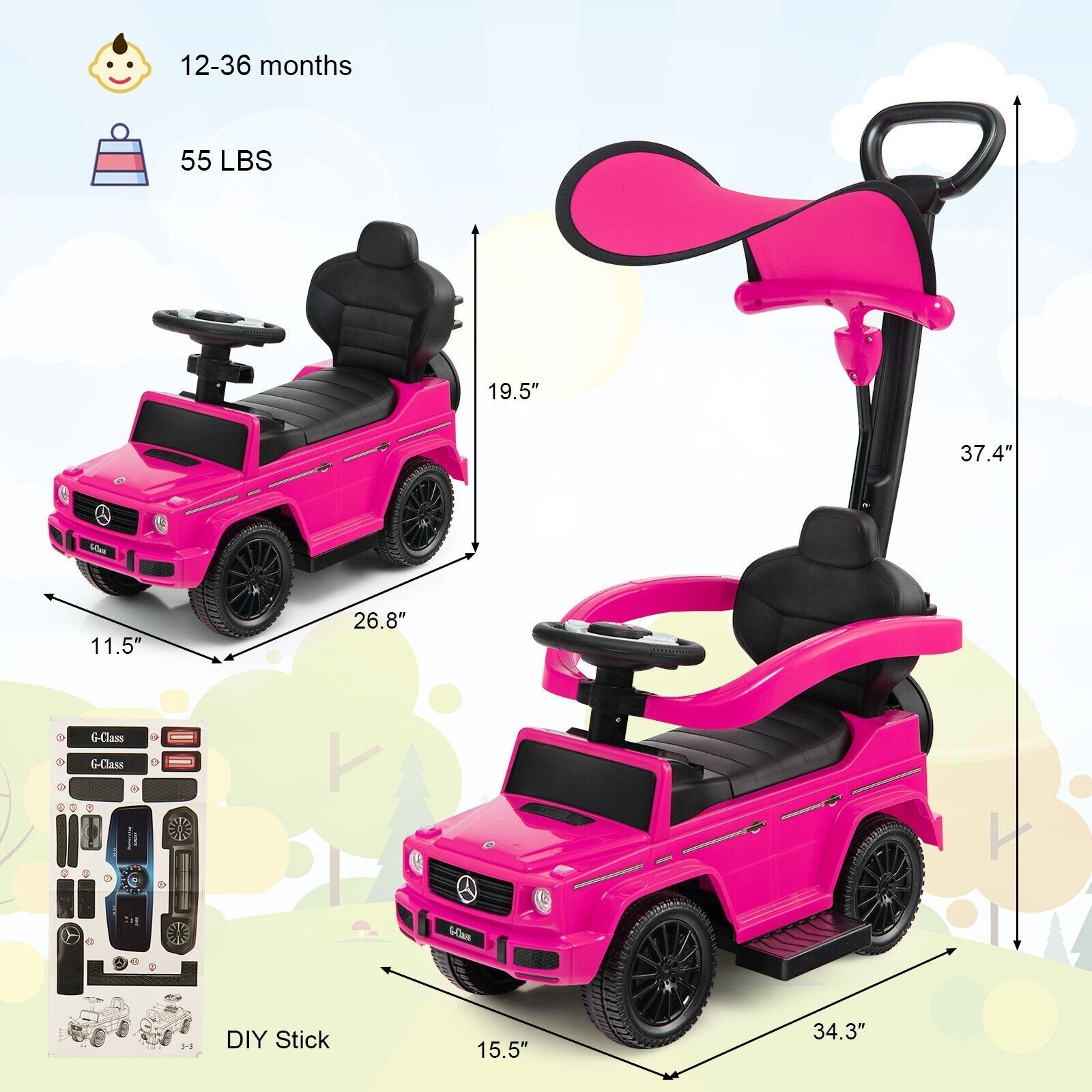 3-In-1 Ride on Push Car Mercedes Benz G350 Stroller Sliding Car with Canopy, Pink Push & Pedal Ride On Toys   at Gallery Canada