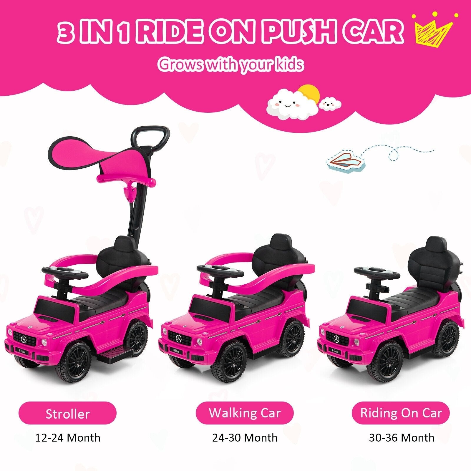 3-In-1 Ride on Push Car Mercedes Benz G350 Stroller Sliding Car with Canopy, Pink Push & Pedal Ride On Toys   at Gallery Canada