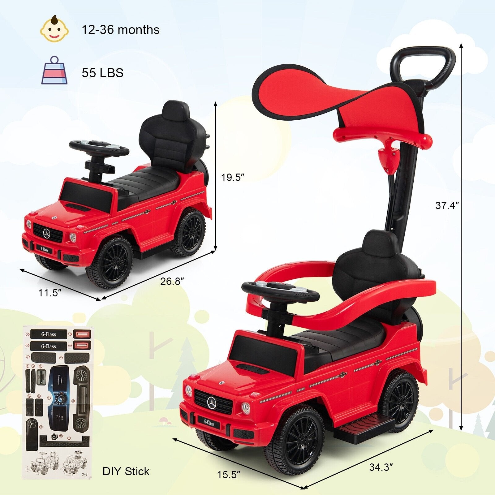 3-In-1 Ride on Push Car Mercedes Benz G350 Stroller Sliding Car with Canopy, Red Push & Pedal Ride On Toys   at Gallery Canada