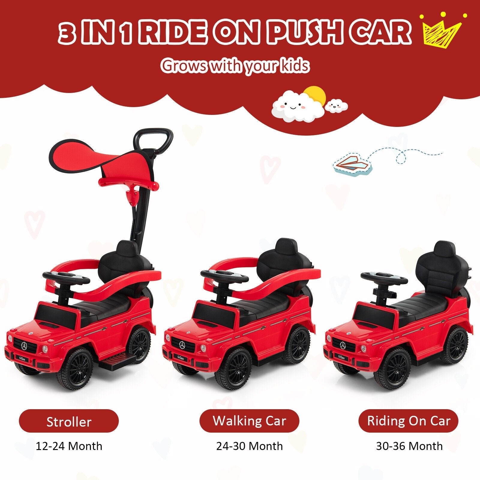 3-In-1 Ride on Push Car Mercedes Benz G350 Stroller Sliding Car with Canopy, Red Push & Pedal Ride On Toys   at Gallery Canada