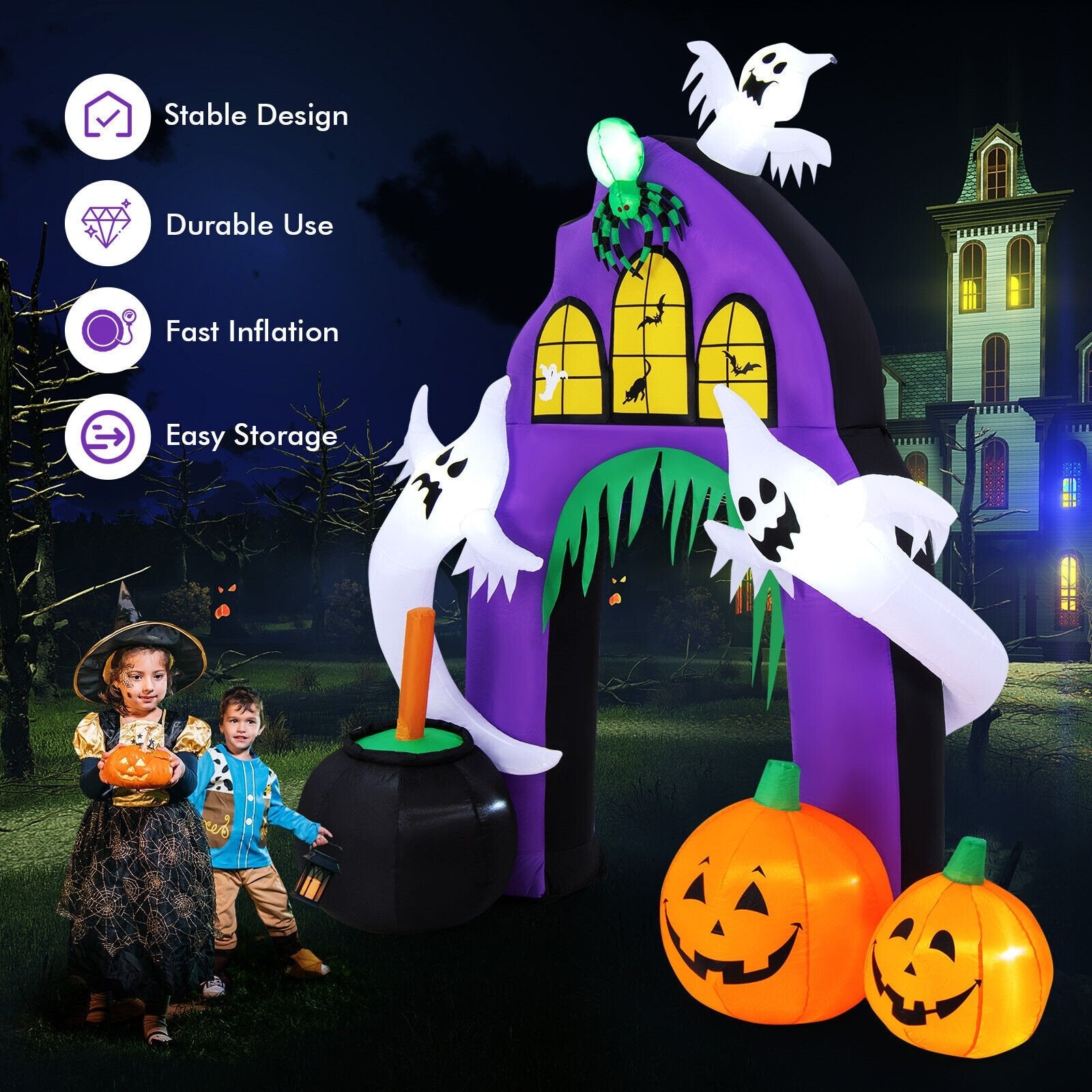 9 Feet Tall Halloween Inflatable Castle Archway Decor with Spider Ghosts and Built-in, Purple Halloween   at Gallery Canada