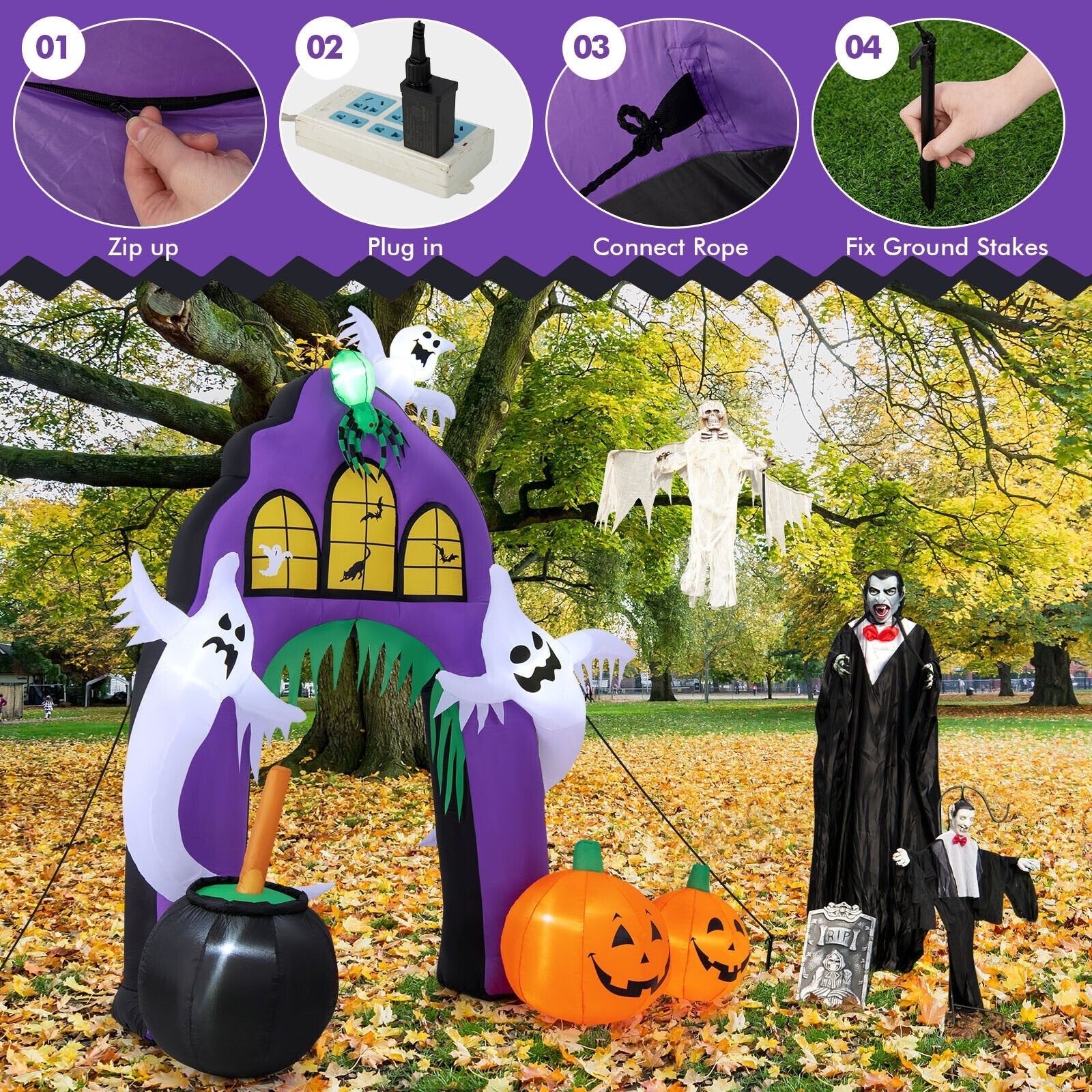 9 Feet Tall Halloween Inflatable Castle Archway Decor with Spider Ghosts and Built-in, Purple - Gallery Canada