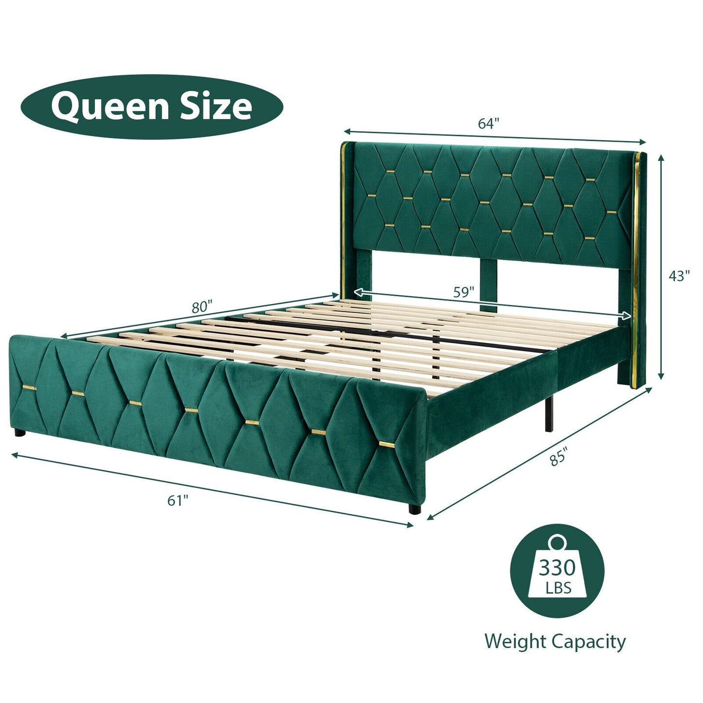 Queen/Full Size Upholstered Platform Bed Frame with Adjustable Headboard-Queen Size, Green - Gallery Canada