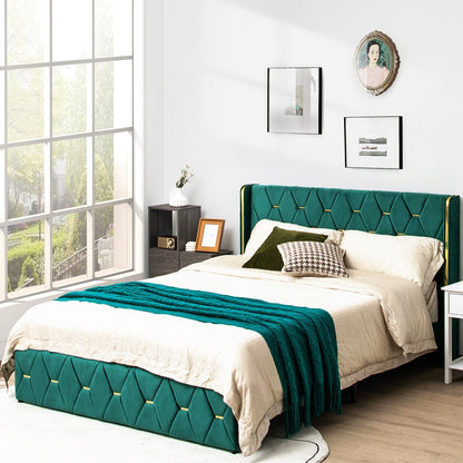 Queen/Full Size Upholstered Platform Bed Frame with Adjustable Headboard-Queen Size, Green - Gallery Canada