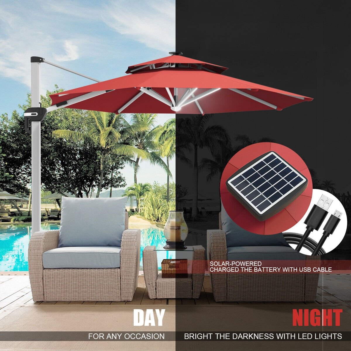 10 Feet 360° Rotation Aluminum Solar LED Patio Cantilever Umbrella without Weight Base, Dark Red - Gallery Canada