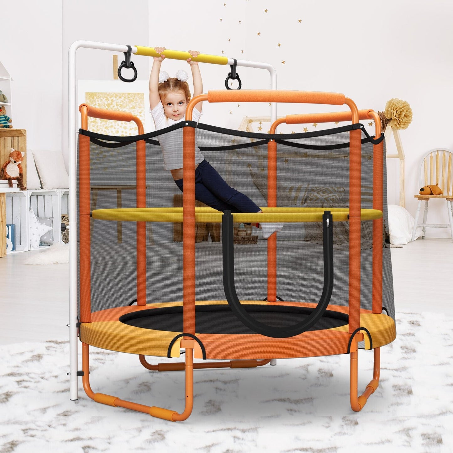 5 Feet Kids 3-in-1 Game Trampoline with Enclosure Net Spring Pad, Orange - Gallery Canada