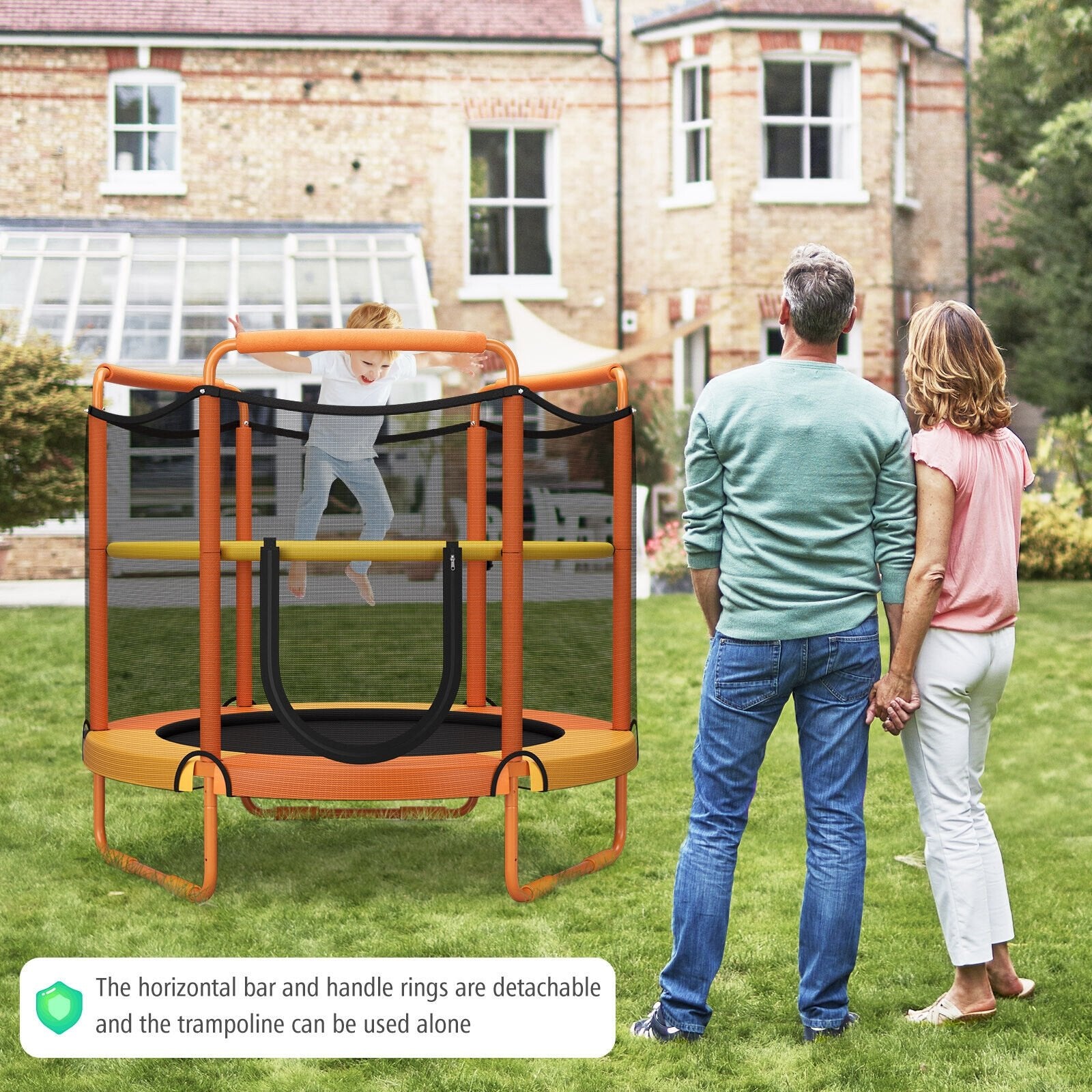 5 Feet Kids 3-in-1 Game Trampoline with Enclosure Net Spring Pad, Orange Trampolines   at Gallery Canada