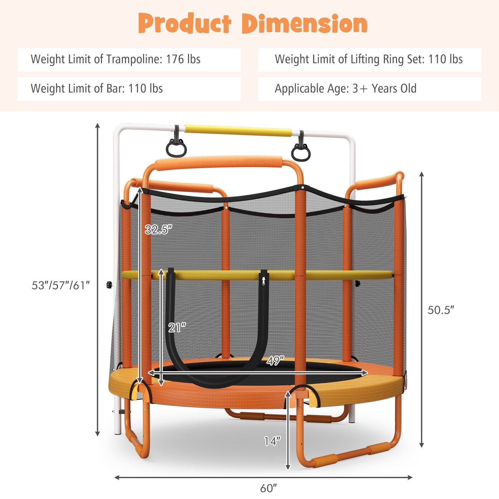 5 Feet Kids 3-in-1 Game Trampoline with Enclosure Net Spring Pad, Orange Trampolines   at Gallery Canada