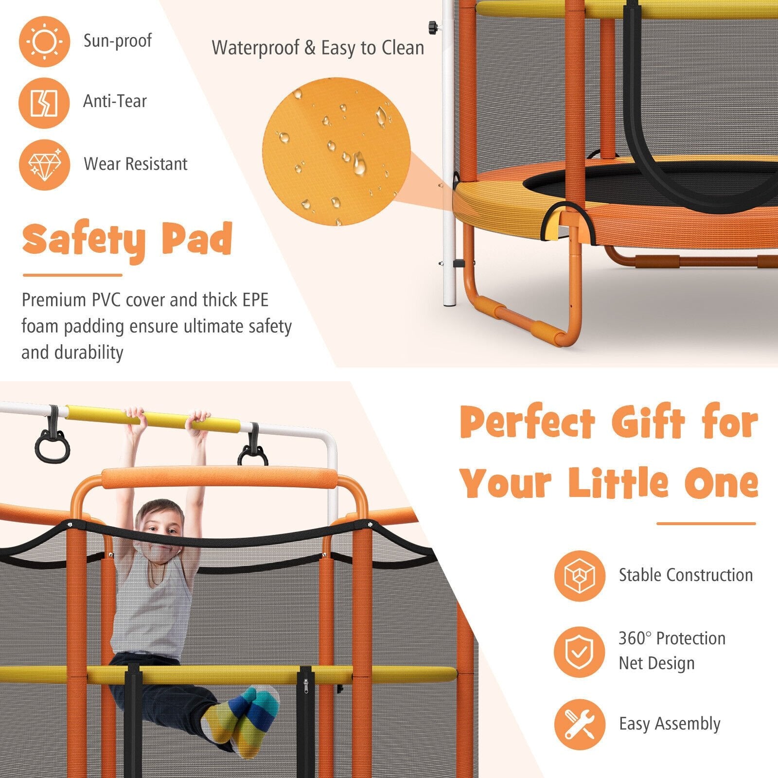 5 Feet Kids 3-in-1 Game Trampoline with Enclosure Net Spring Pad, Orange Trampolines   at Gallery Canada