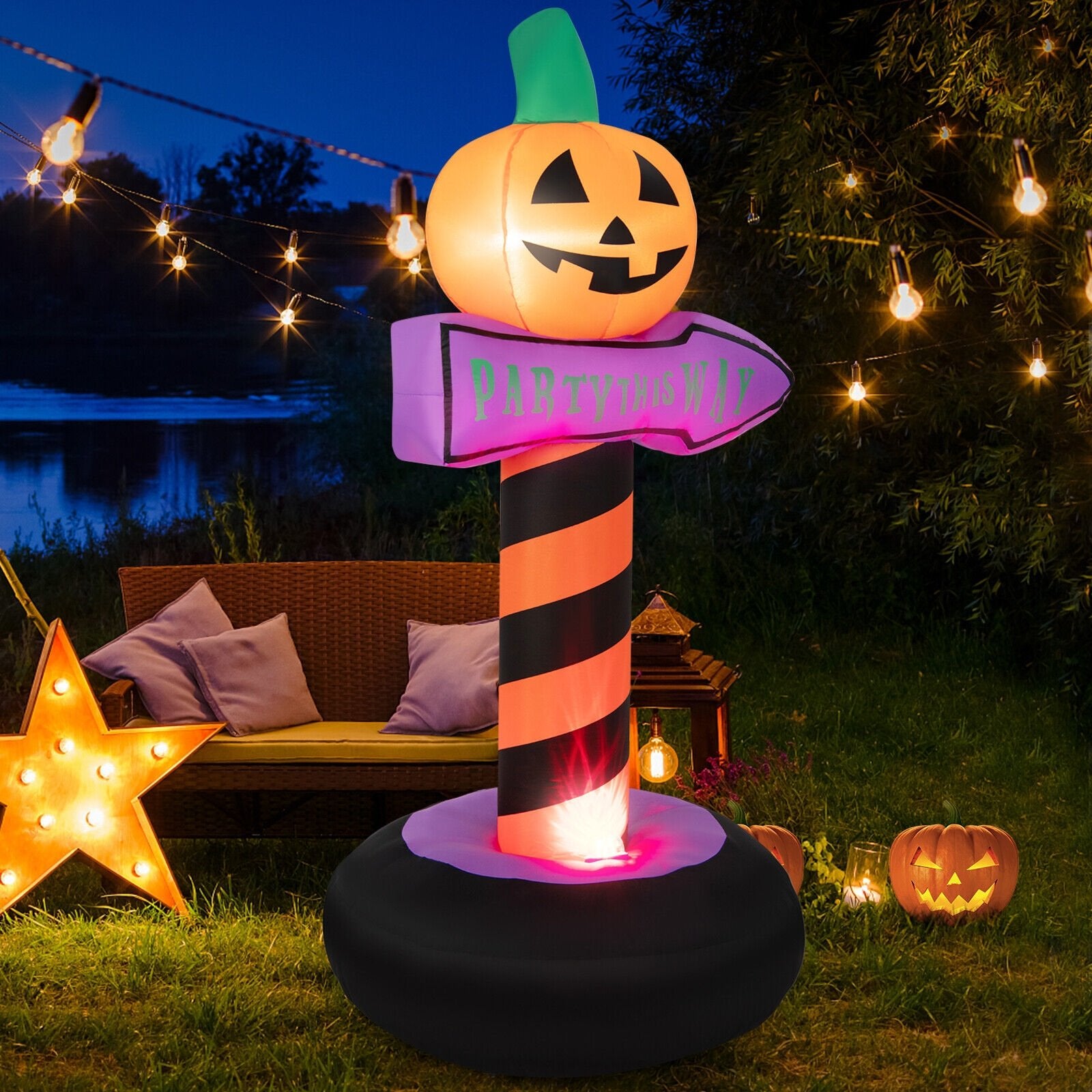 6 Feet Inflatable Halloween Pumpkin Road Sign Decoration with LED Light, Multicolor - Gallery Canada
