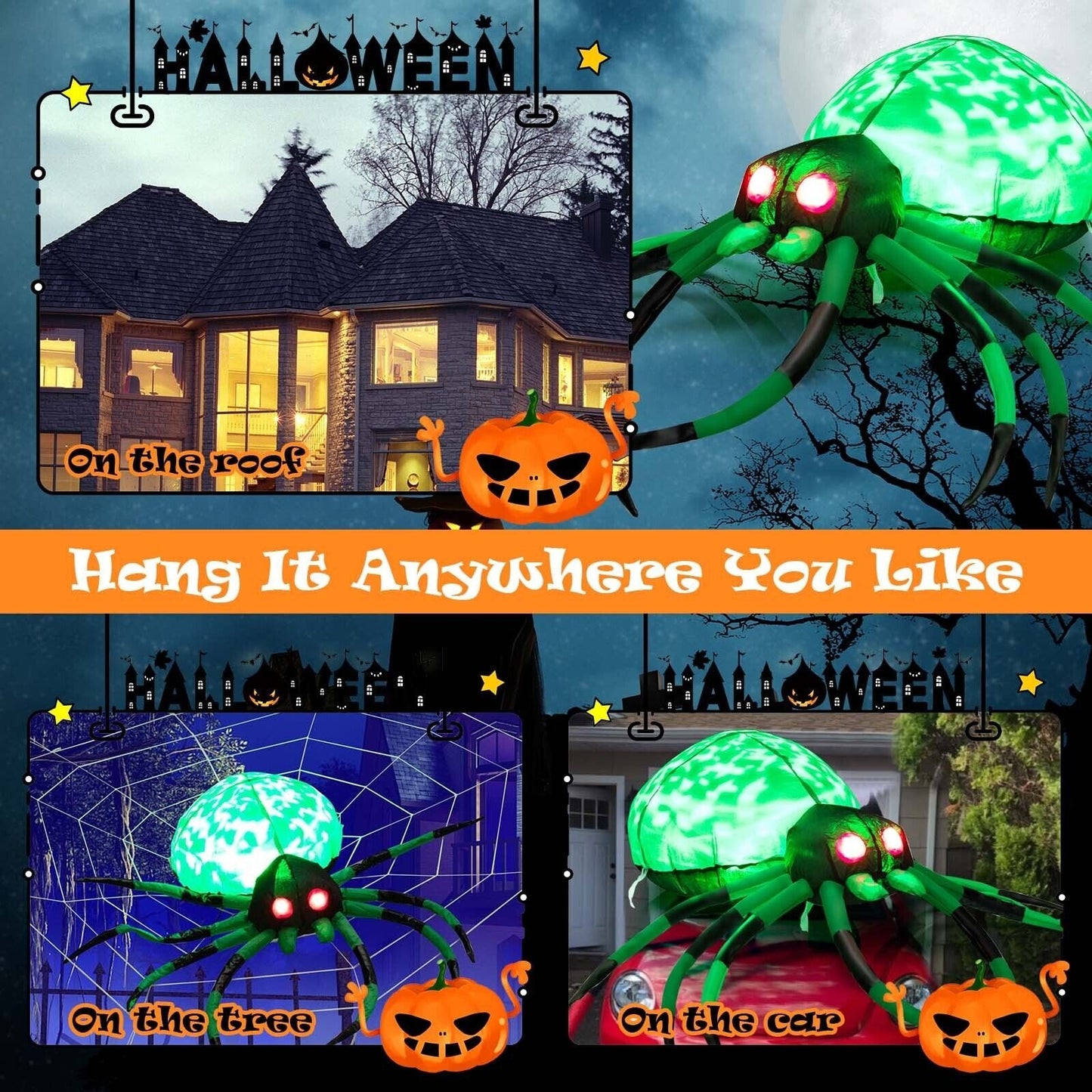 5 Feet Long Halloween Inflatable Creepy Spider with Cobweb and LEDs, Green Halloween   at Gallery Canada