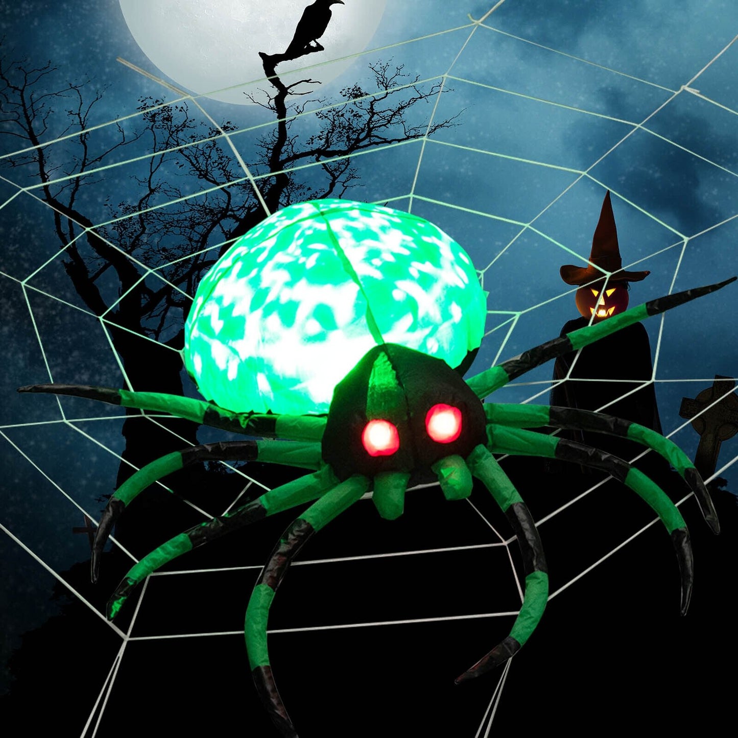 5 Feet Long Halloween Inflatable Creepy Spider with Cobweb and LEDs, Green Halloween   at Gallery Canada