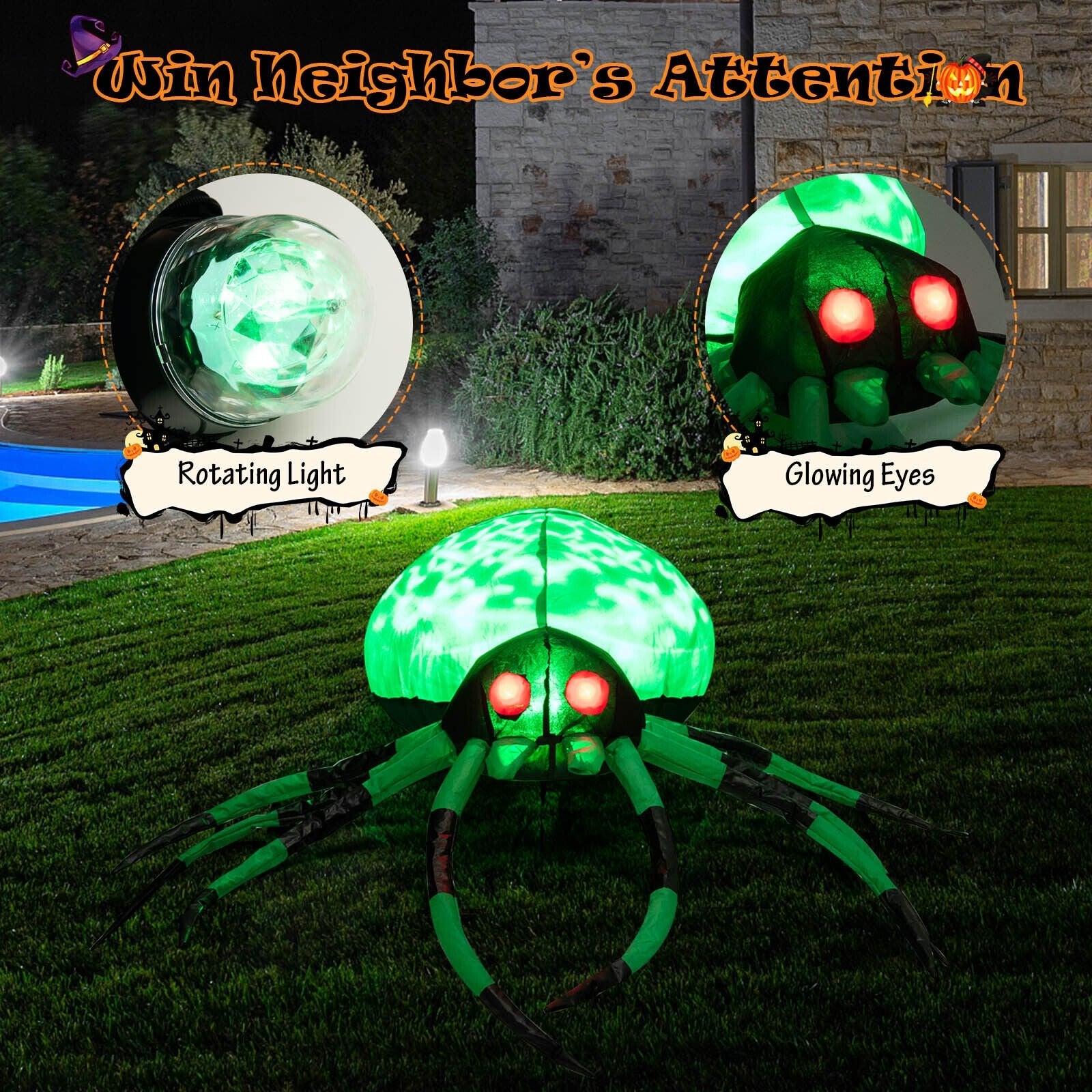 5 Feet Long Halloween Inflatable Creepy Spider with Cobweb and LEDs, Green Halloween   at Gallery Canada