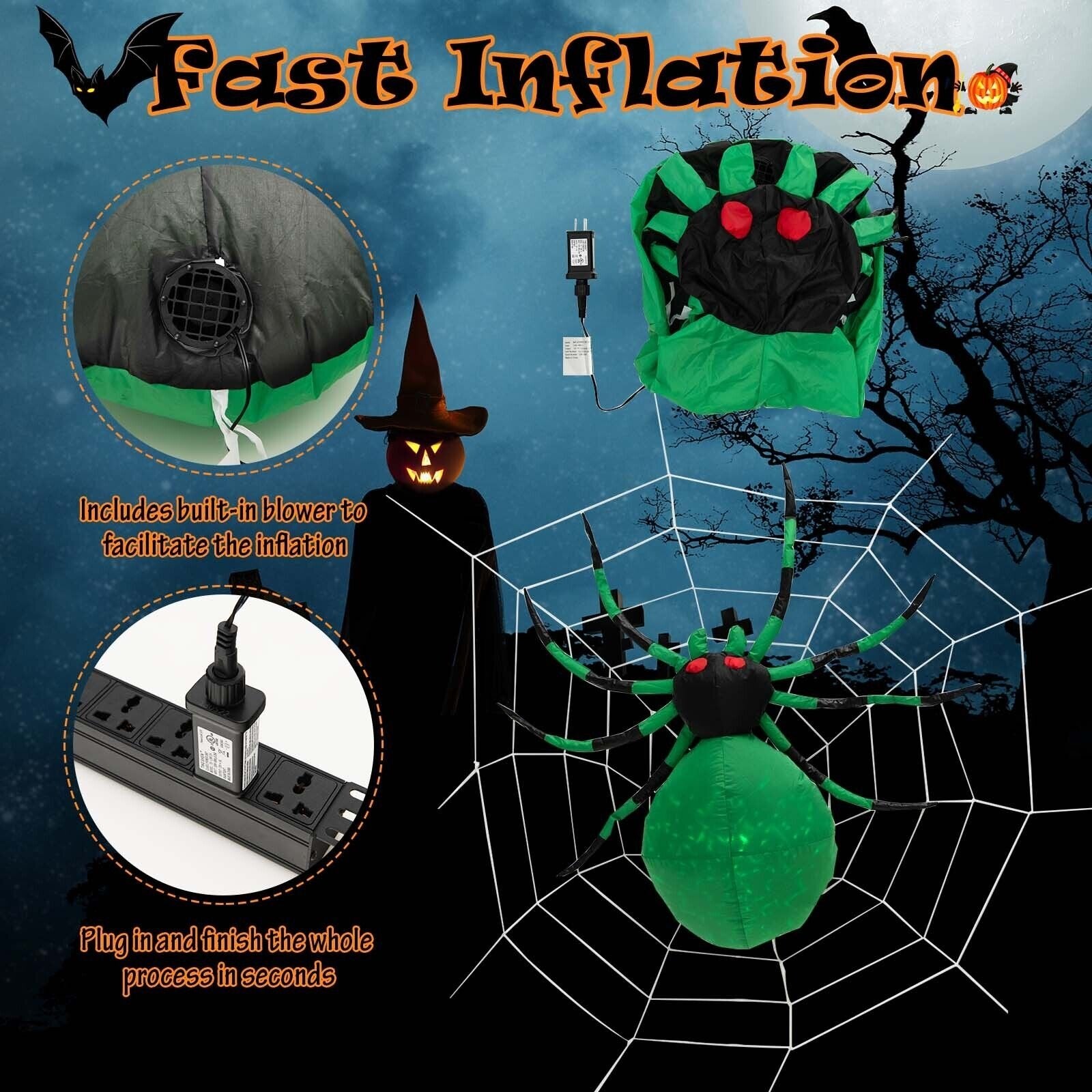 5 Feet Long Halloween Inflatable Creepy Spider with Cobweb and LEDs, Green Halloween   at Gallery Canada