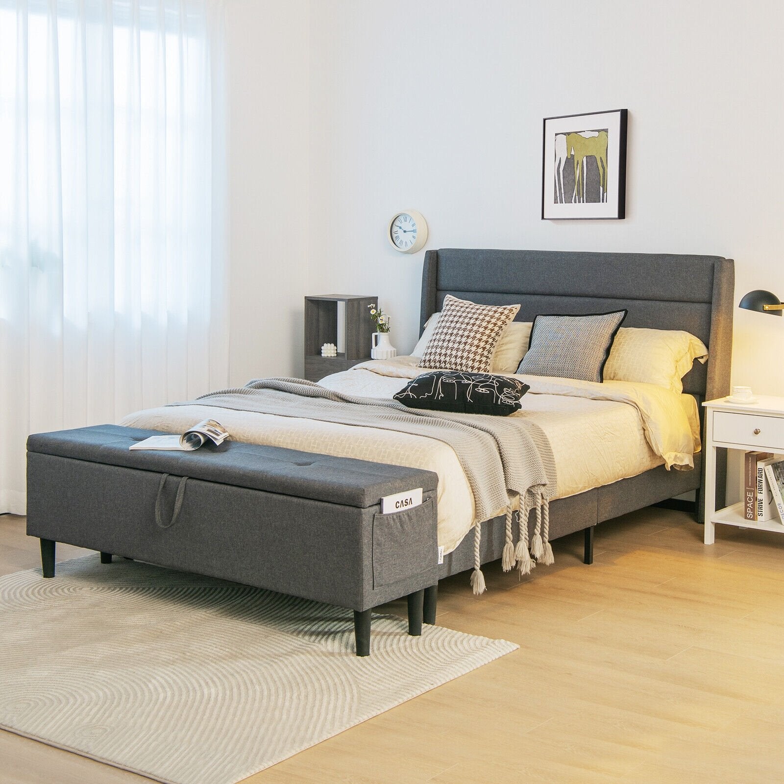 Full/Queen Size Upholstered Platform Bed Frame with Storage Ottoman-Queen Size, Gray - Gallery Canada