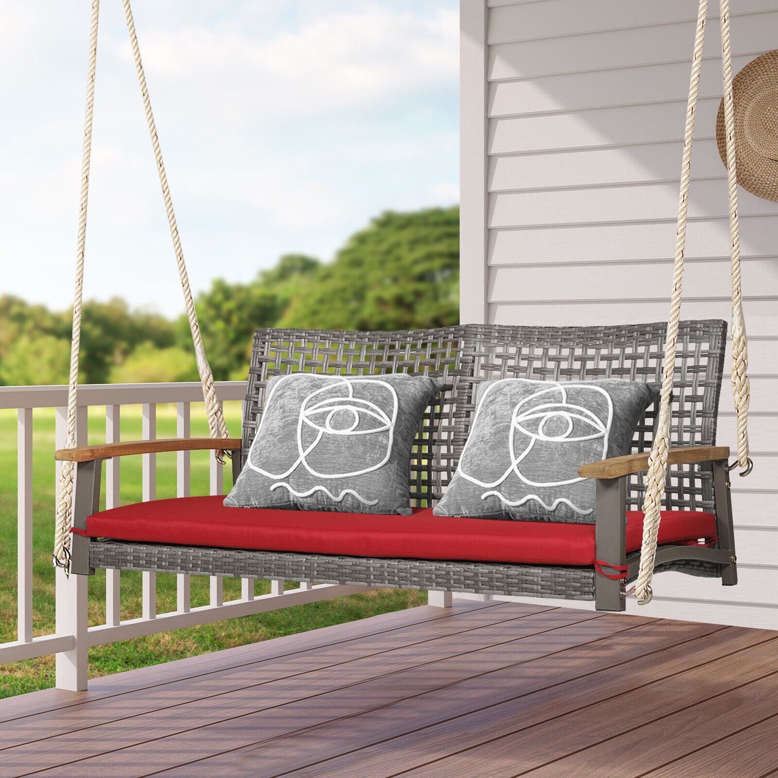 2-Person Patio Wicker Hanging Swing Chair, Red Porch Swings   at Gallery Canada