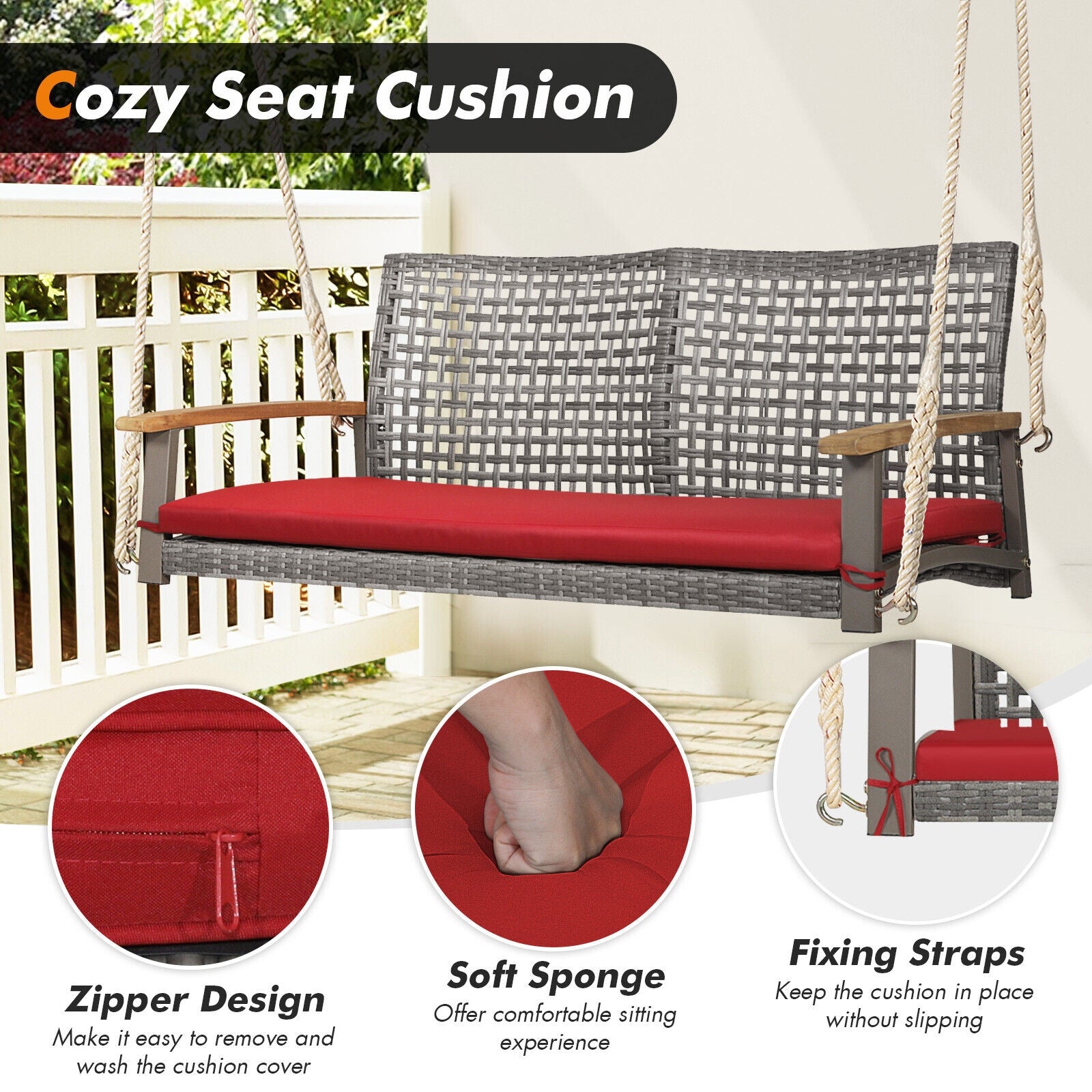 2-Person Patio Wicker Hanging Swing Chair, Red Porch Swings   at Gallery Canada