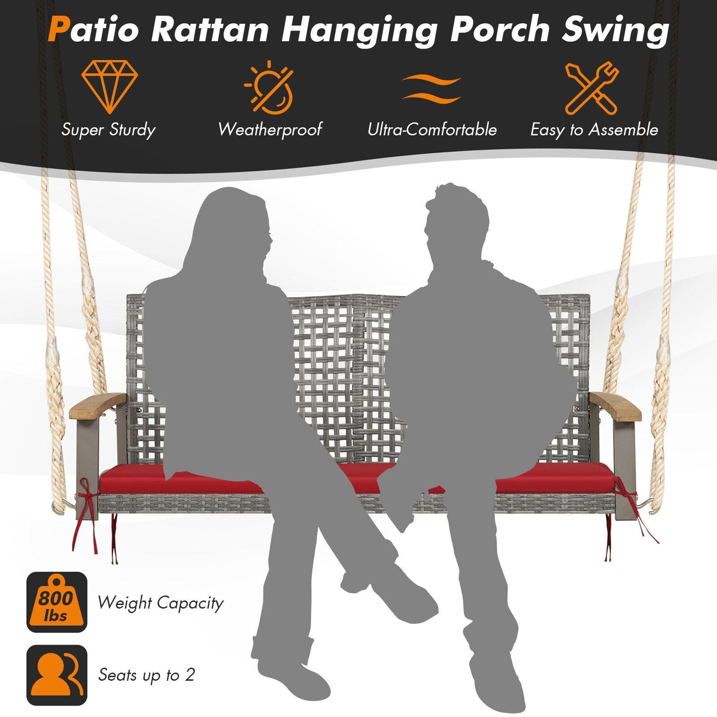 2-Person Patio Wicker Hanging Swing Chair, Red Porch Swings   at Gallery Canada