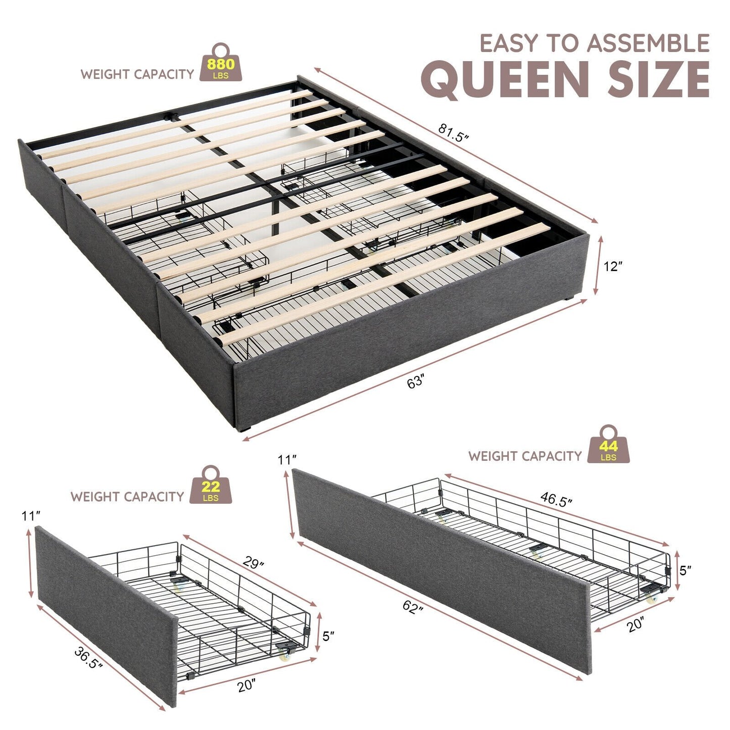 Upholstered Platform Bed Frame with 3 Storage Drawers-Queen Size, Gray - Gallery Canada