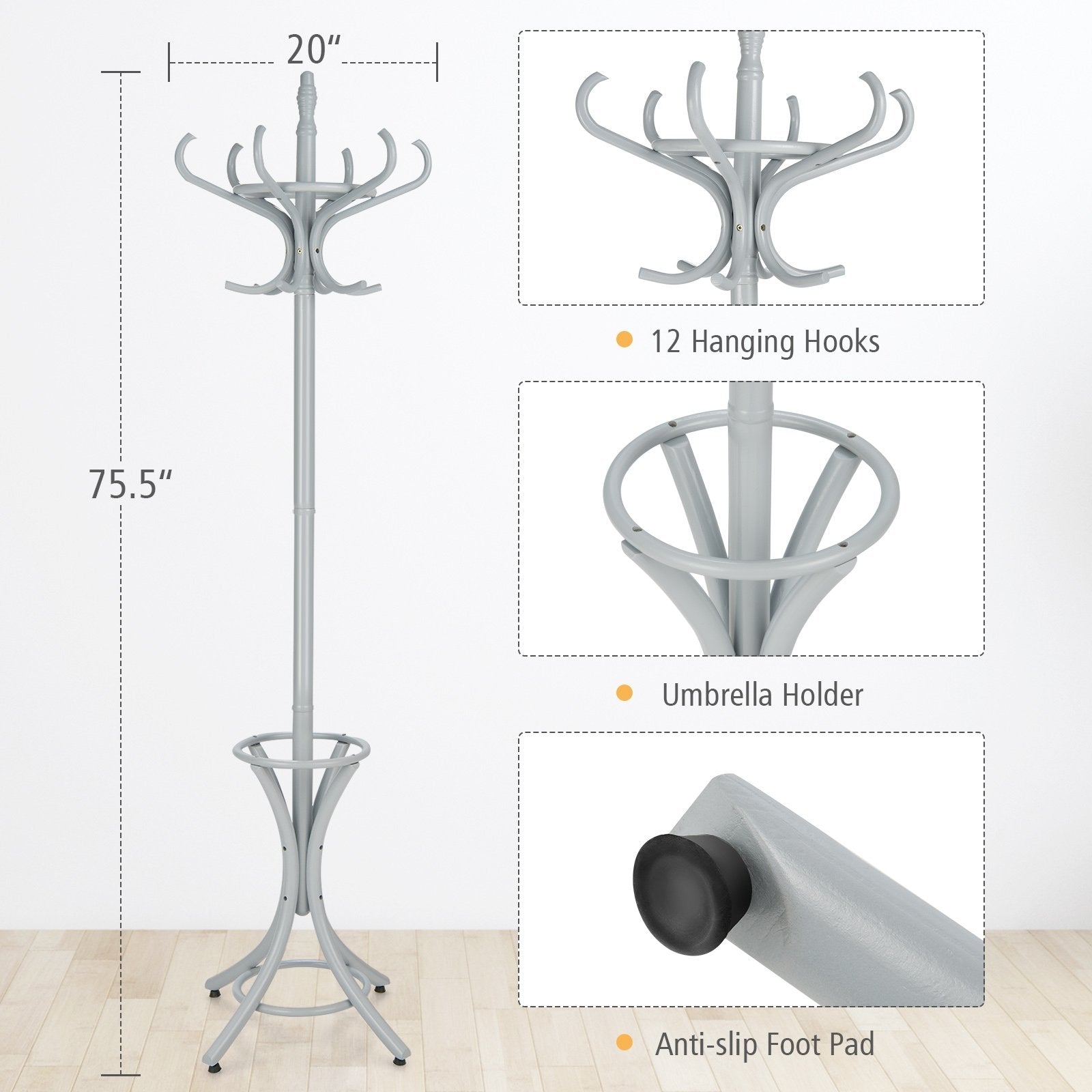 Wood Standing Hat Coat Rack with Umbrella Stand, Gray - Gallery Canada