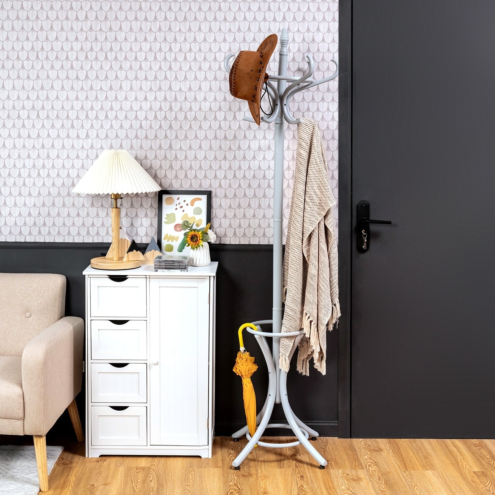 Wood Standing Hat Coat Rack with Umbrella Stand, Gray - Gallery Canada