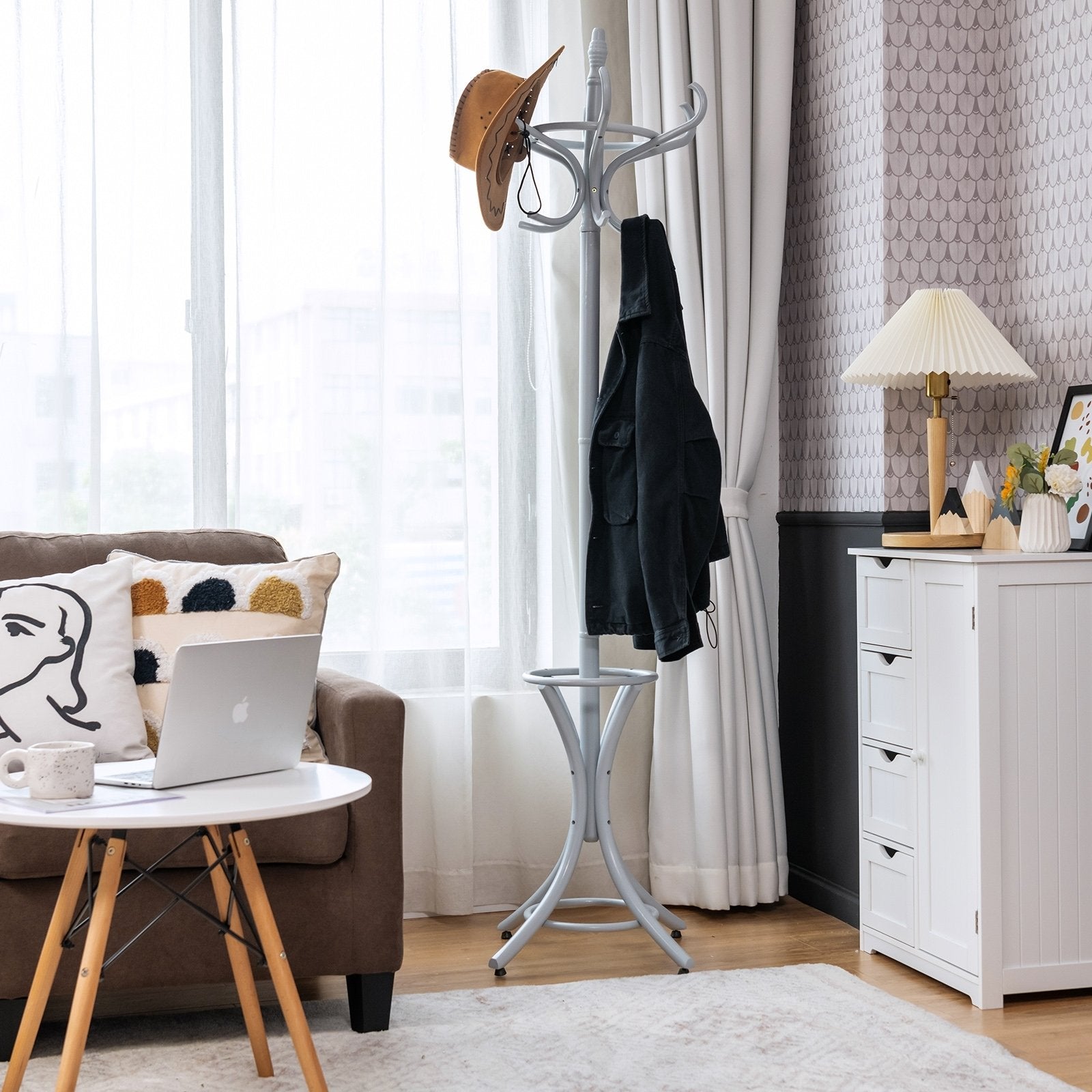 Wood Standing Hat Coat Rack with Umbrella Stand, Gray Coat Racks & Hall Trees   at Gallery Canada