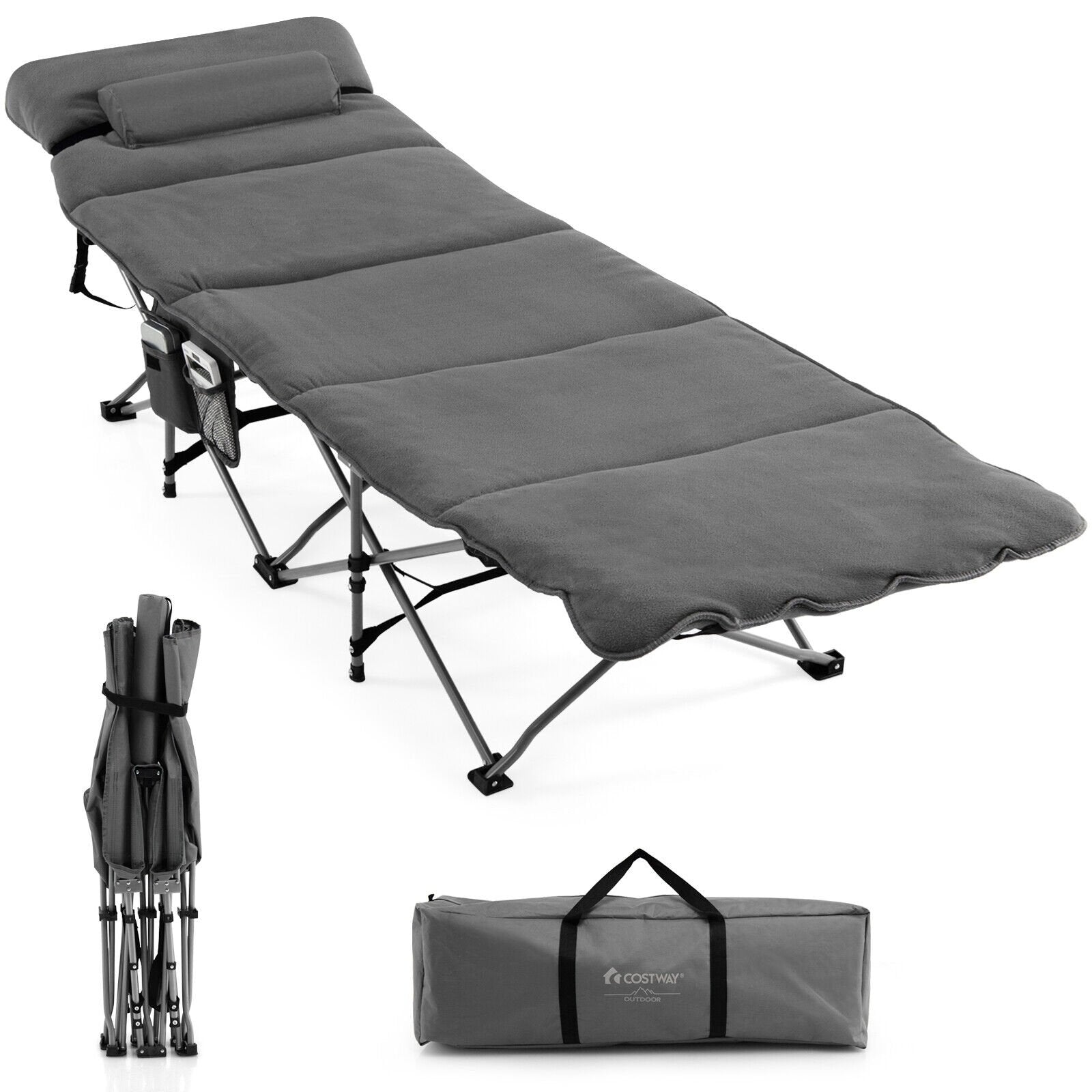 Folding Retractable Travel Camping Cot with Mattress and Carry Bag, Gray Camping Furniture Gray at Gallery Canada