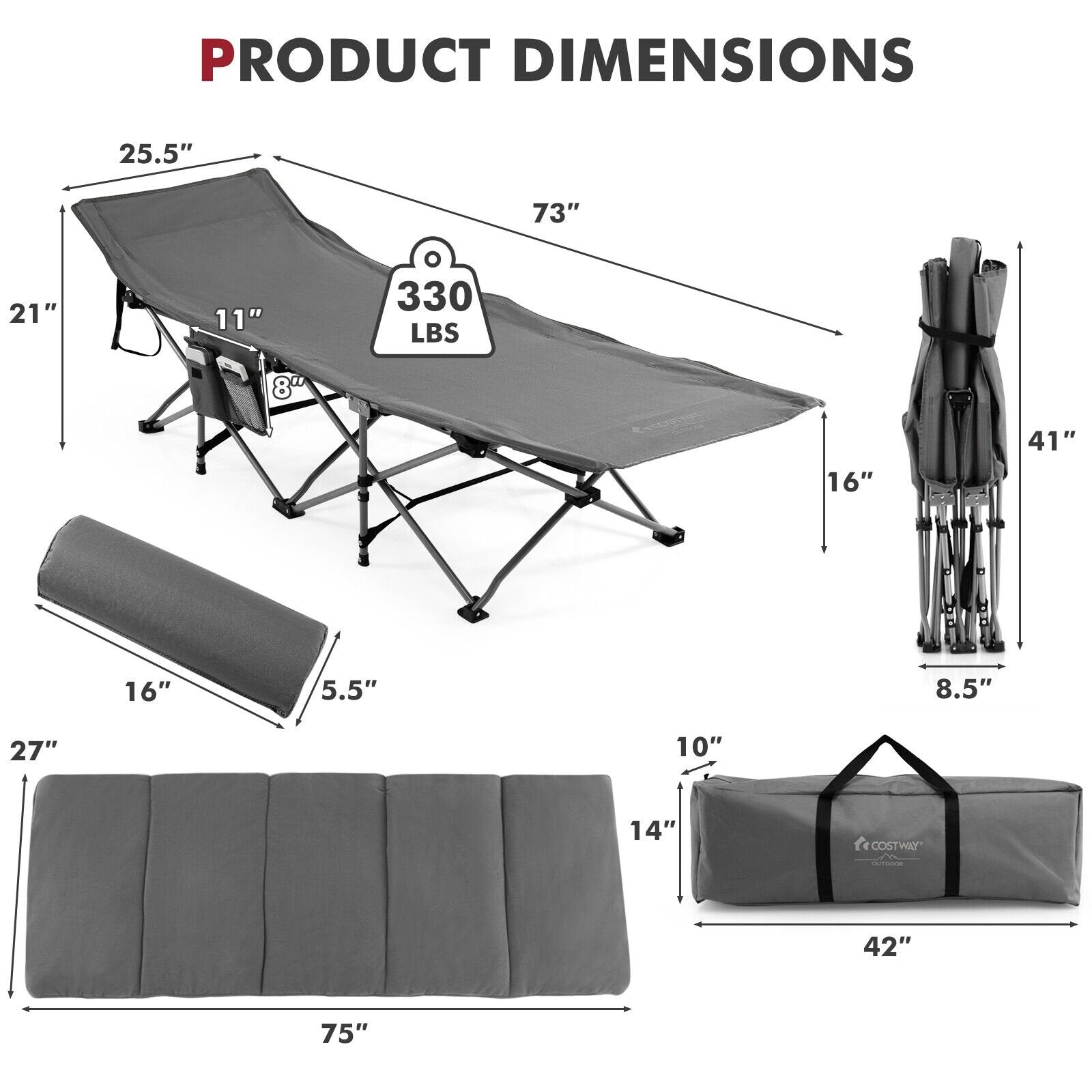 Folding Retractable Travel Camping Cot with Mattress and Carry Bag, Gray Camping Furniture   at Gallery Canada