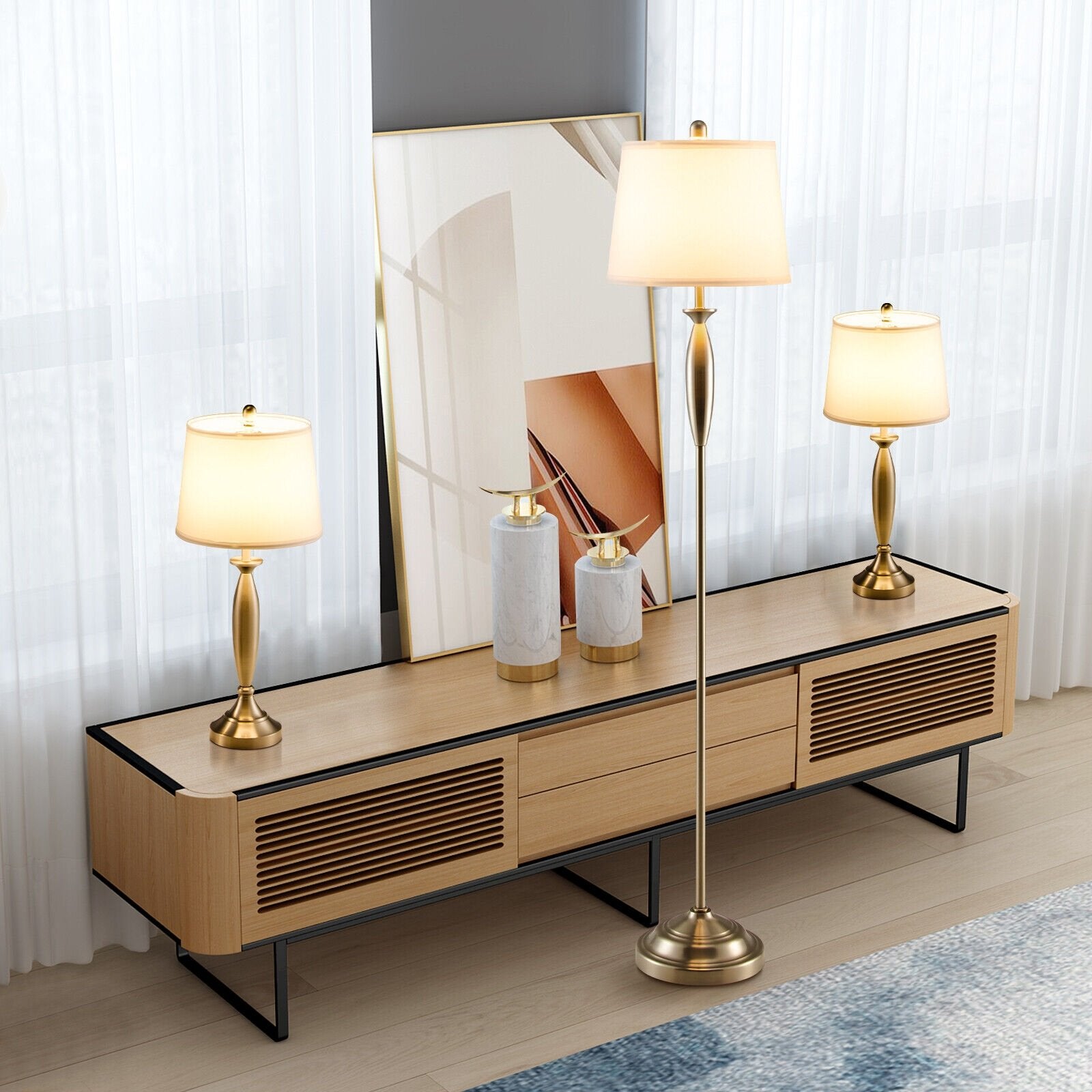 3-Piece Modern Nickel Finish Lamp Set, Silver Table & Floor Lamps   at Gallery Canada