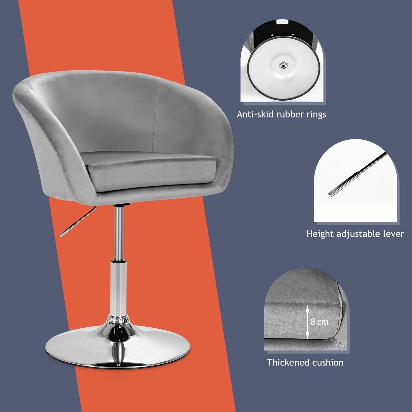 360 Degree Swivel Makeup Stool Accent Chair with Round Back and Metal Base, Gray Accent Chairs   at Gallery Canada