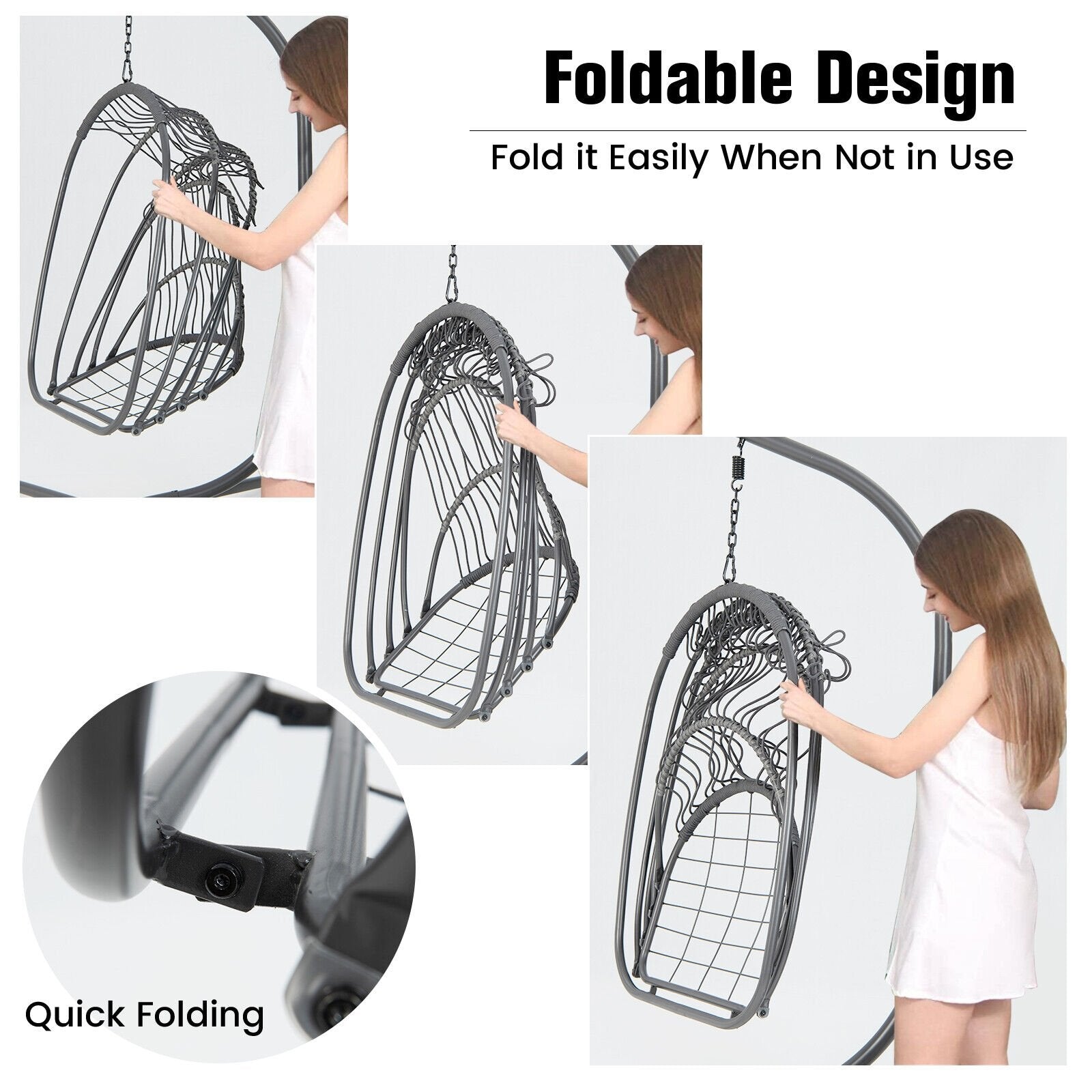 Hanging Folding Egg Chair with Stand Soft Cushion Pillow Swing Hammock, Gray - Gallery Canada