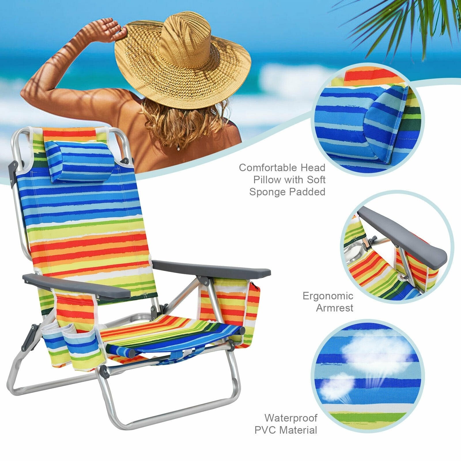 4-Pack 5-Position Outdoor Folding Backpack Beach Reclining Chair with Pillow, Yellow Beach & Lawn Chairs   at Gallery Canada