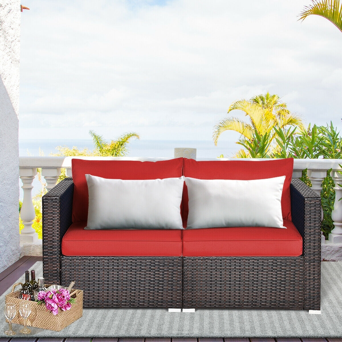 2 Pieces Patio Rattan Sectional Conversation Sofa Set, Red Outdoor Sectionals   at Gallery Canada